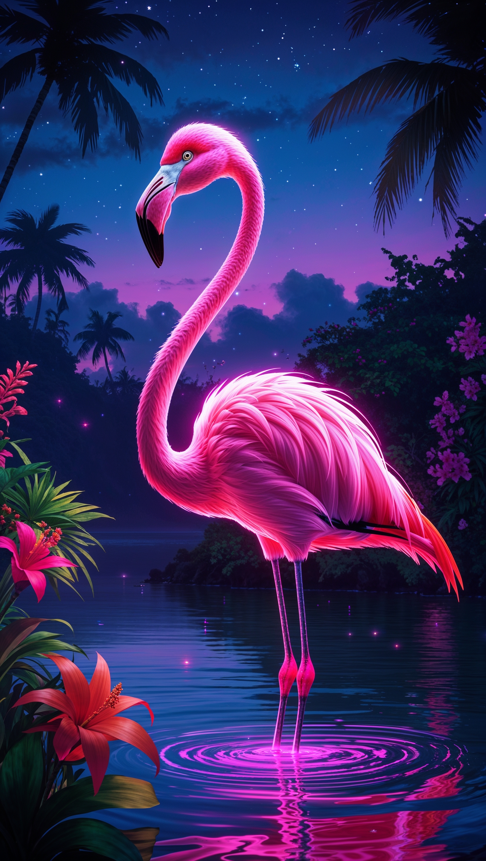 Neon flamingo by water with vibrant colors