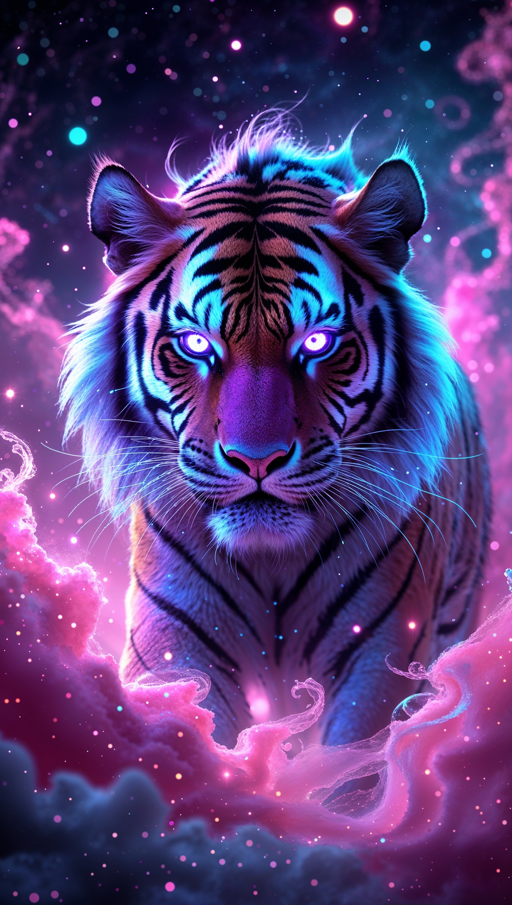 Fantasy tiger with neon colors in a pink galaxy