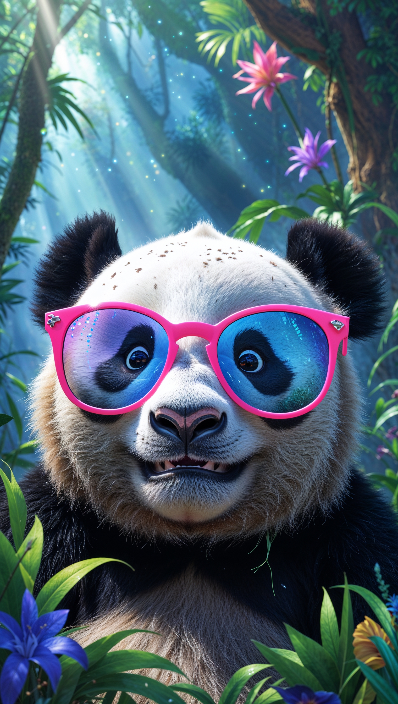 Cute panda with sunglasses in a rainbow jungle