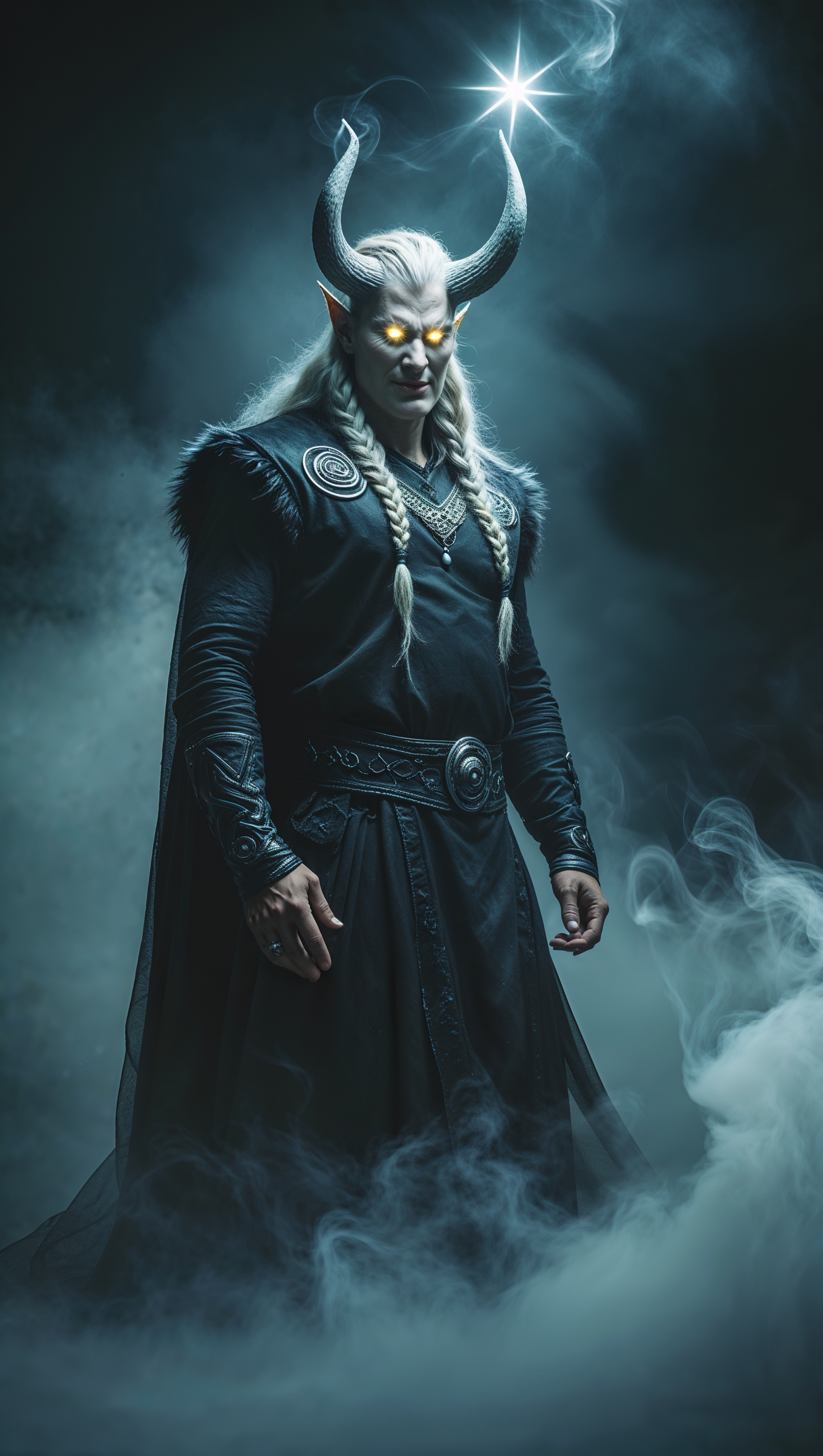 Loki with glowing eyes in dark fog