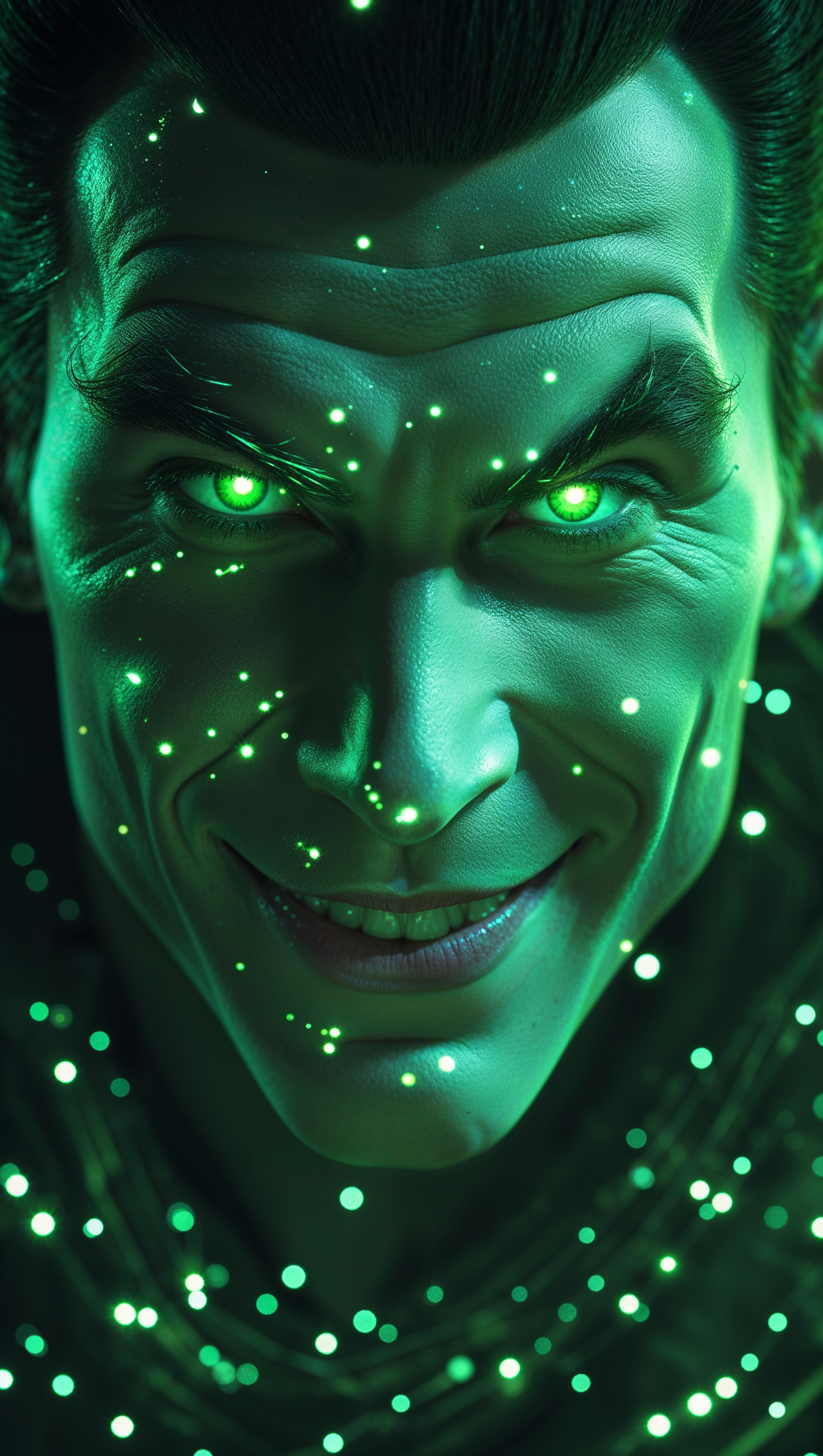 Close-up of Loki’s face with glowing green lights