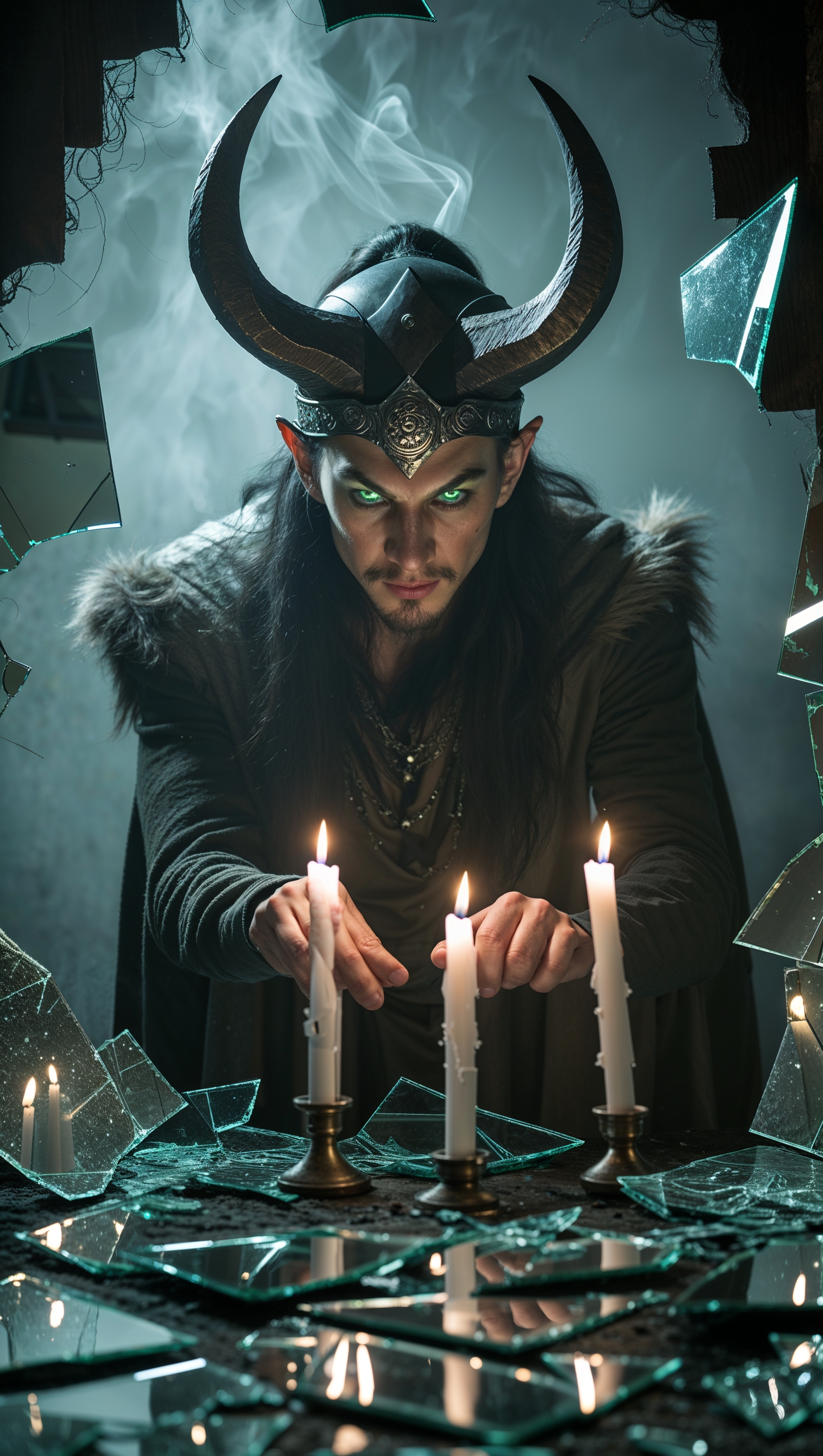 Loki with a background of broken mirrors
