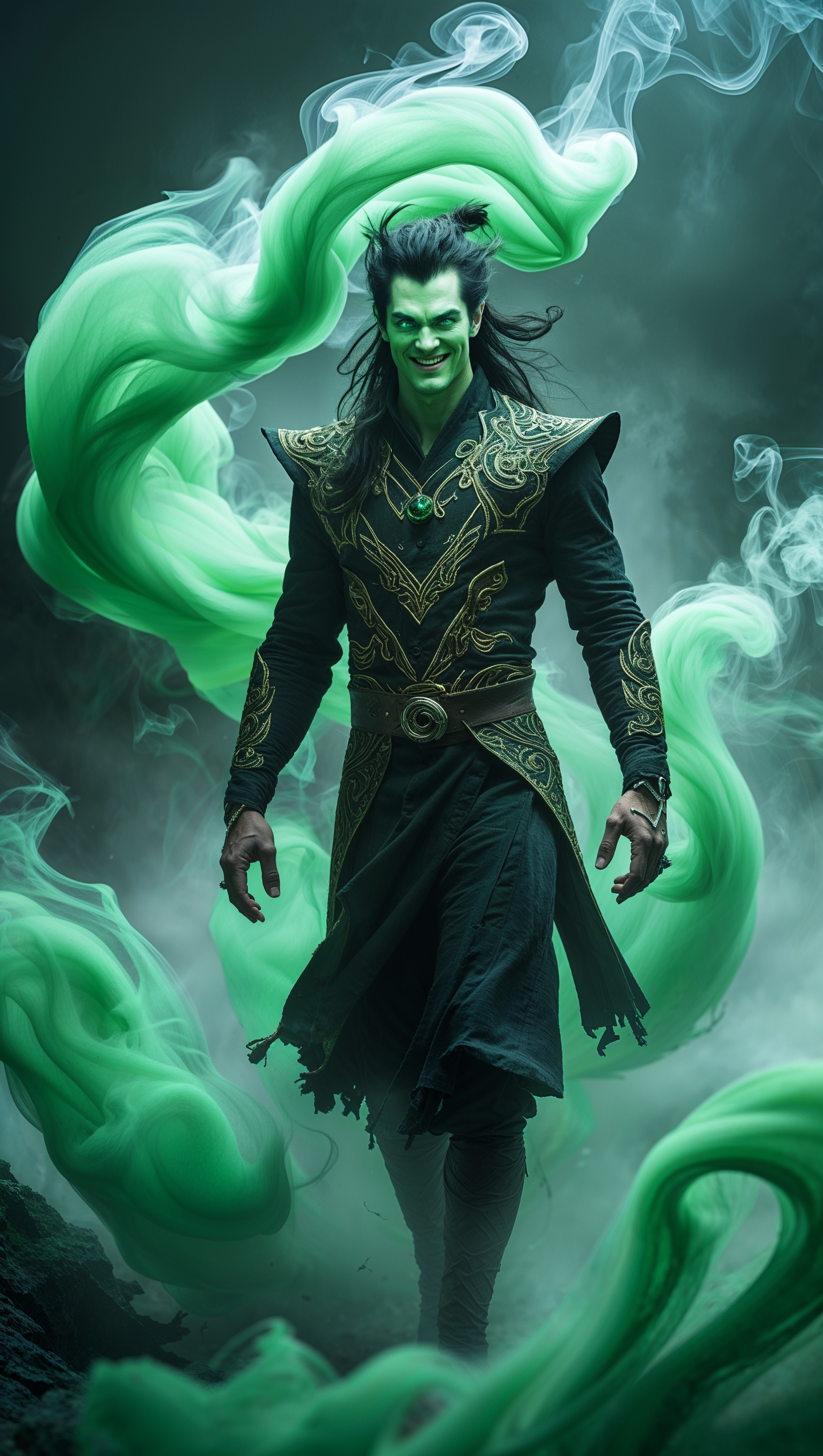 Loki walking through green smoke
