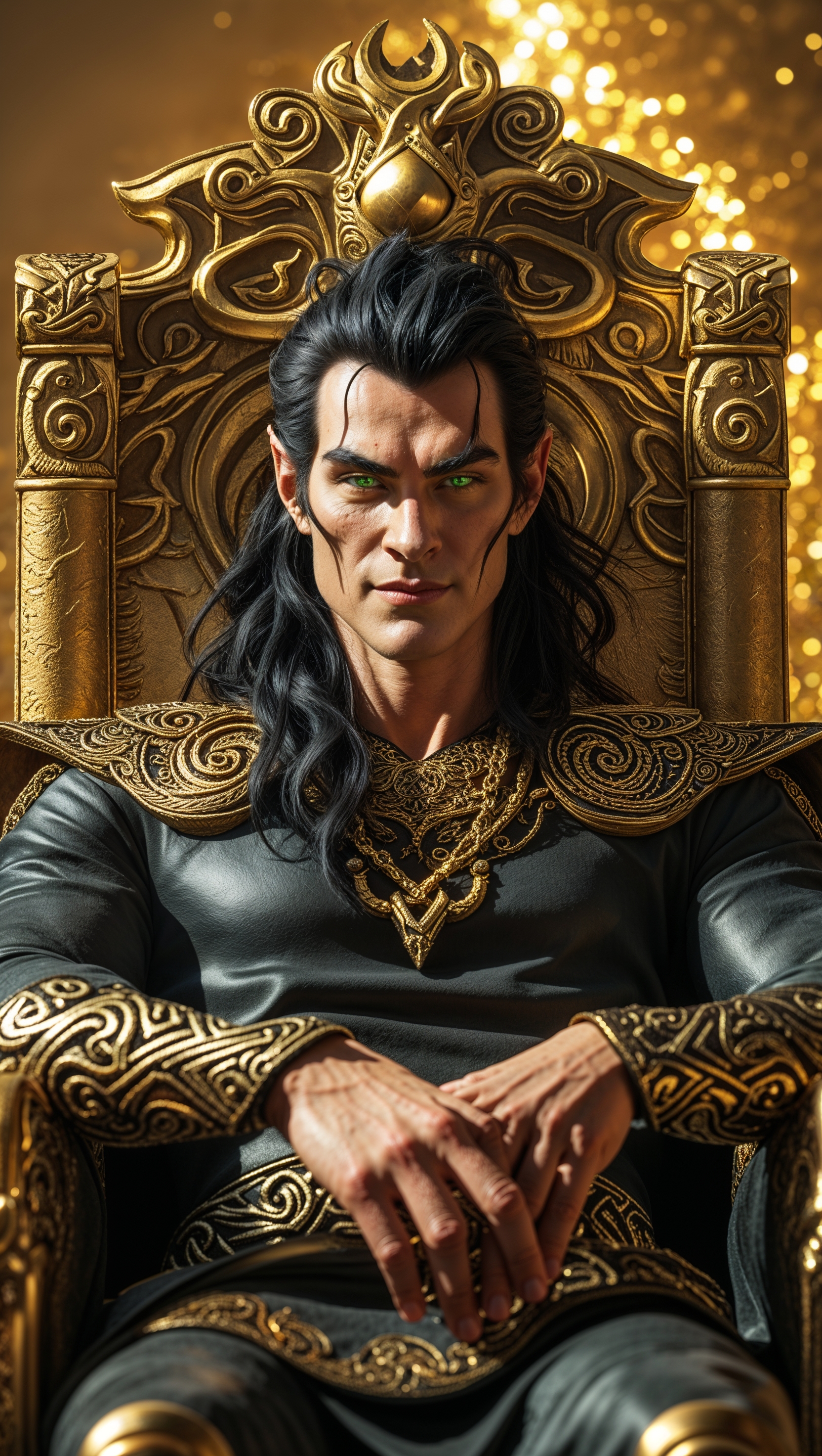 Loki on a throne with a golden background