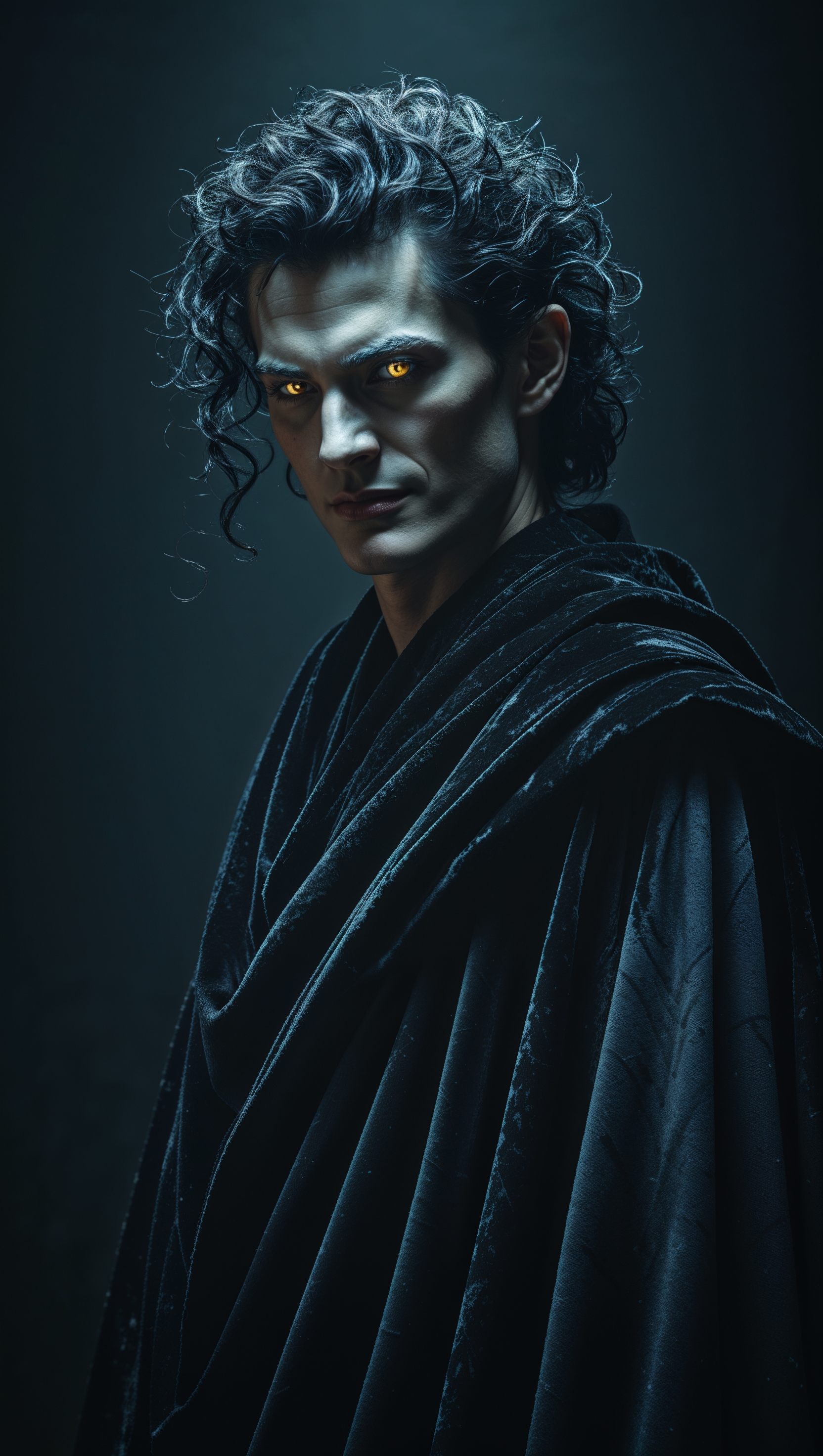 Loki with a mysterious smile and a dark background