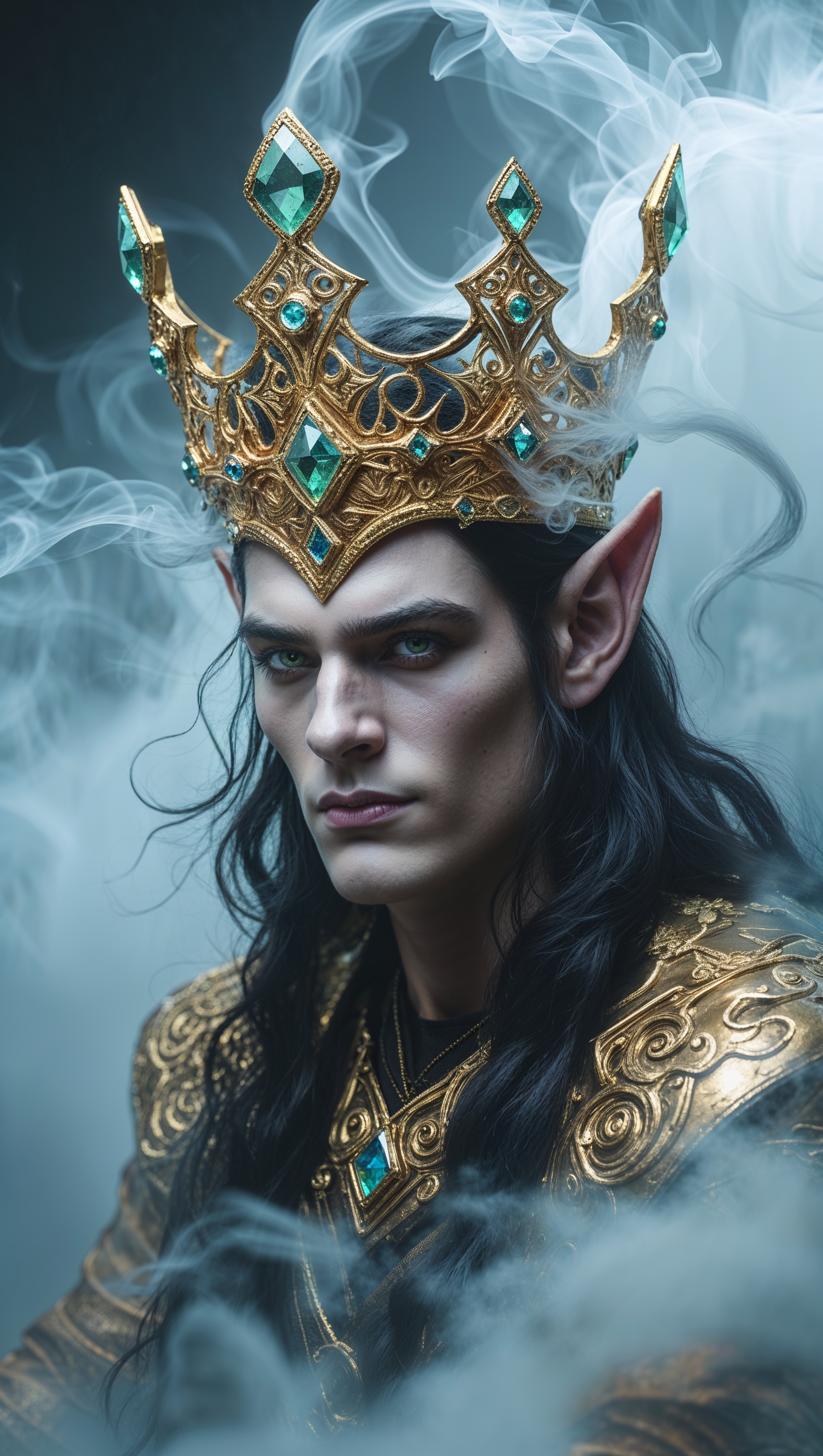 Loki wearing a golden crown surrounded by magical mist
