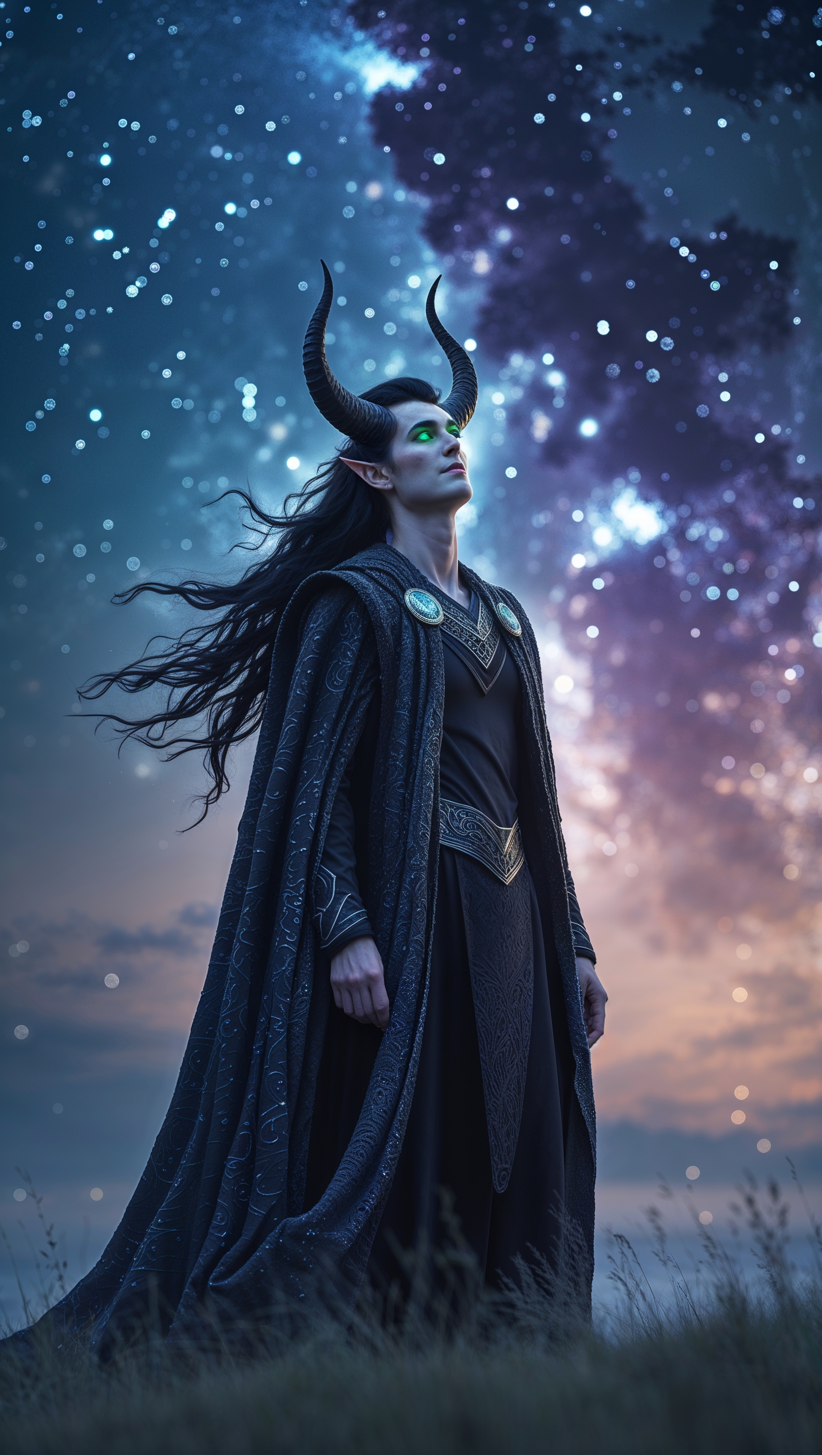 Back view of Loki looking at the starry sky