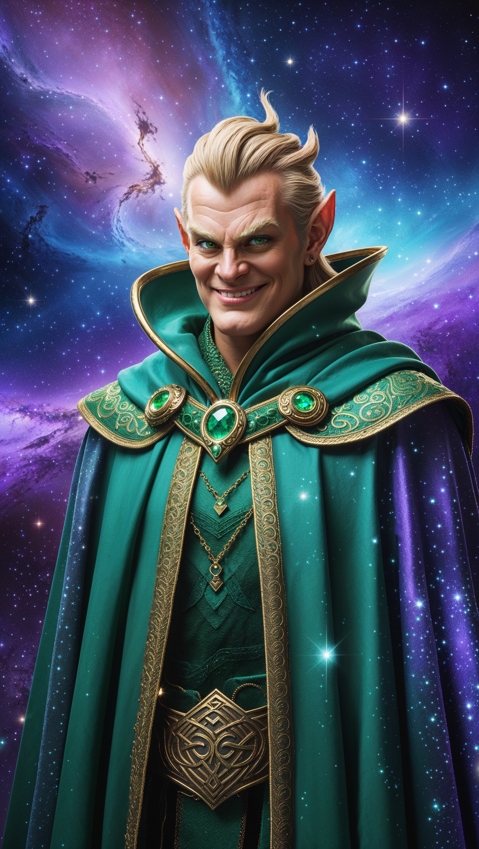 Loki with a green cloak in a galactic background