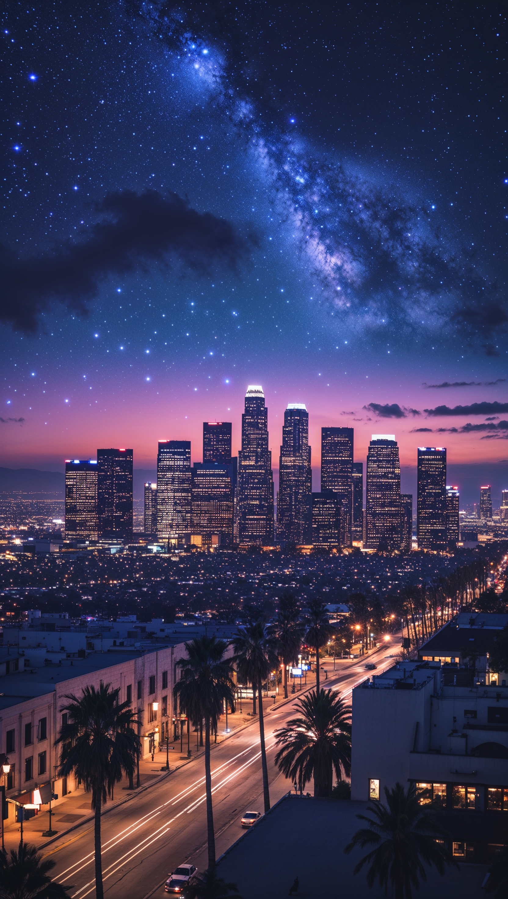 Night view of Los Angeles with a starry sky