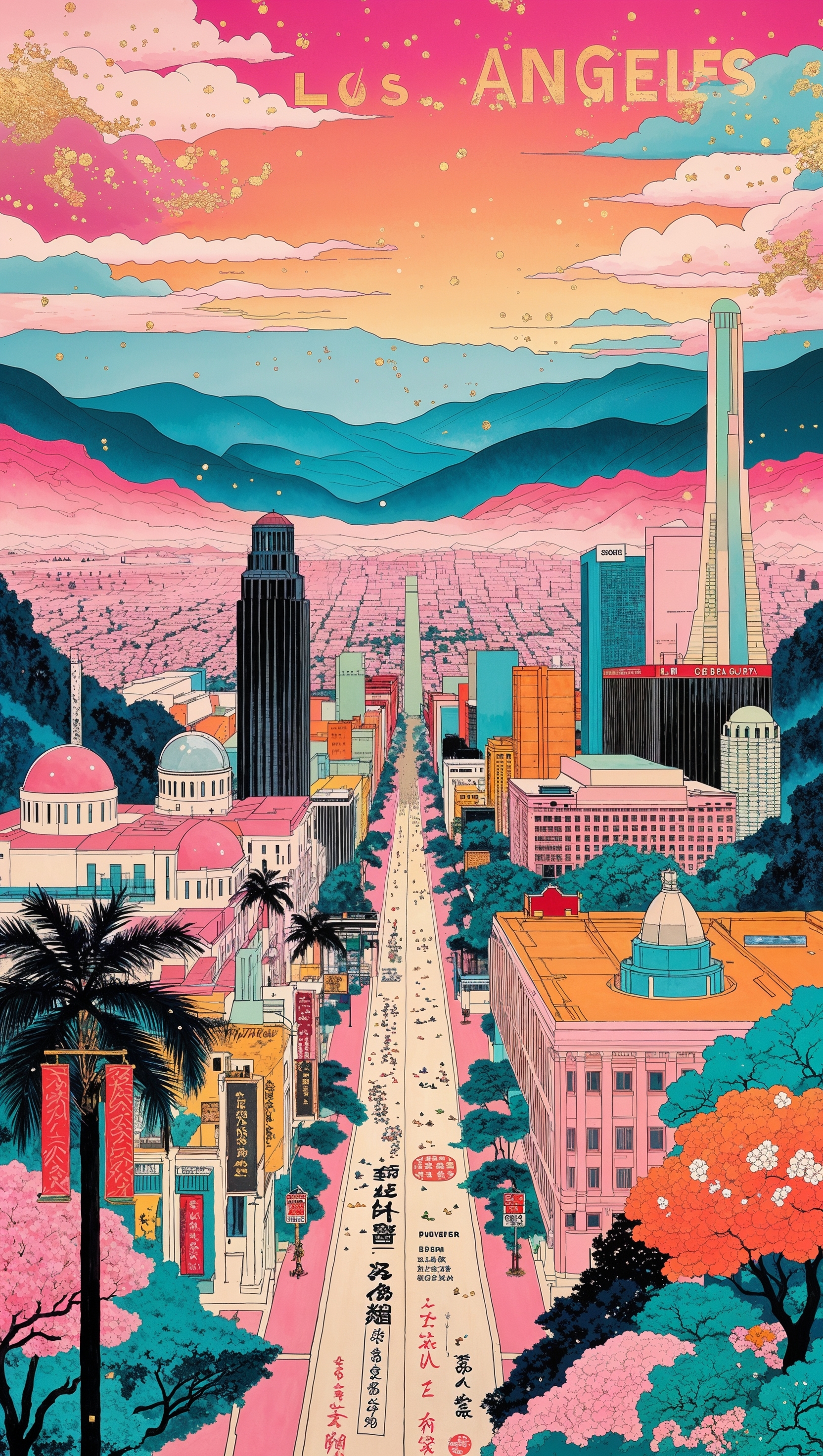 Los Angeles in traditional Japanese art style