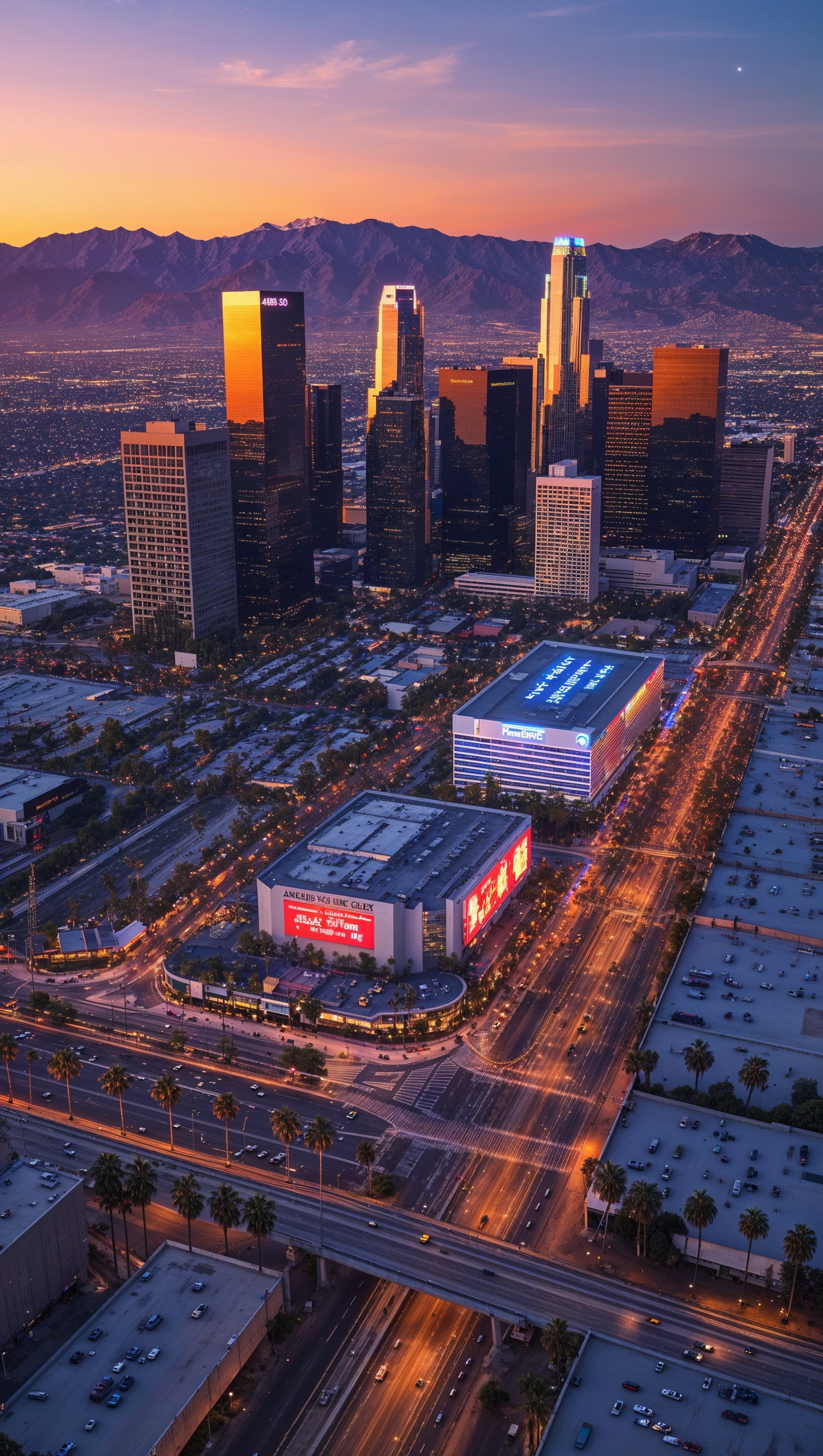 Bird's eye view of Los Angeles at dusk