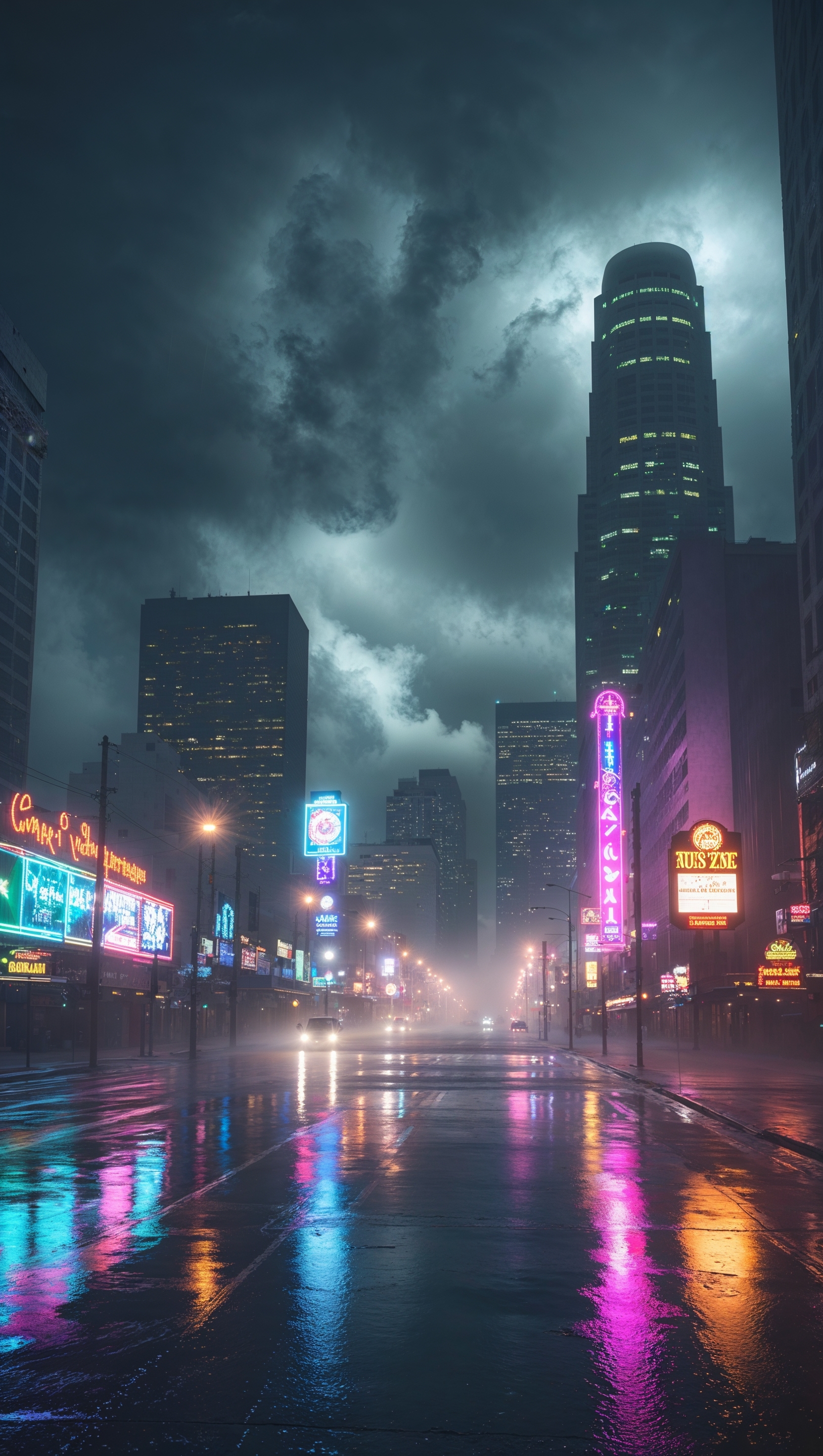 Rainy night in Los Angeles with neon lights