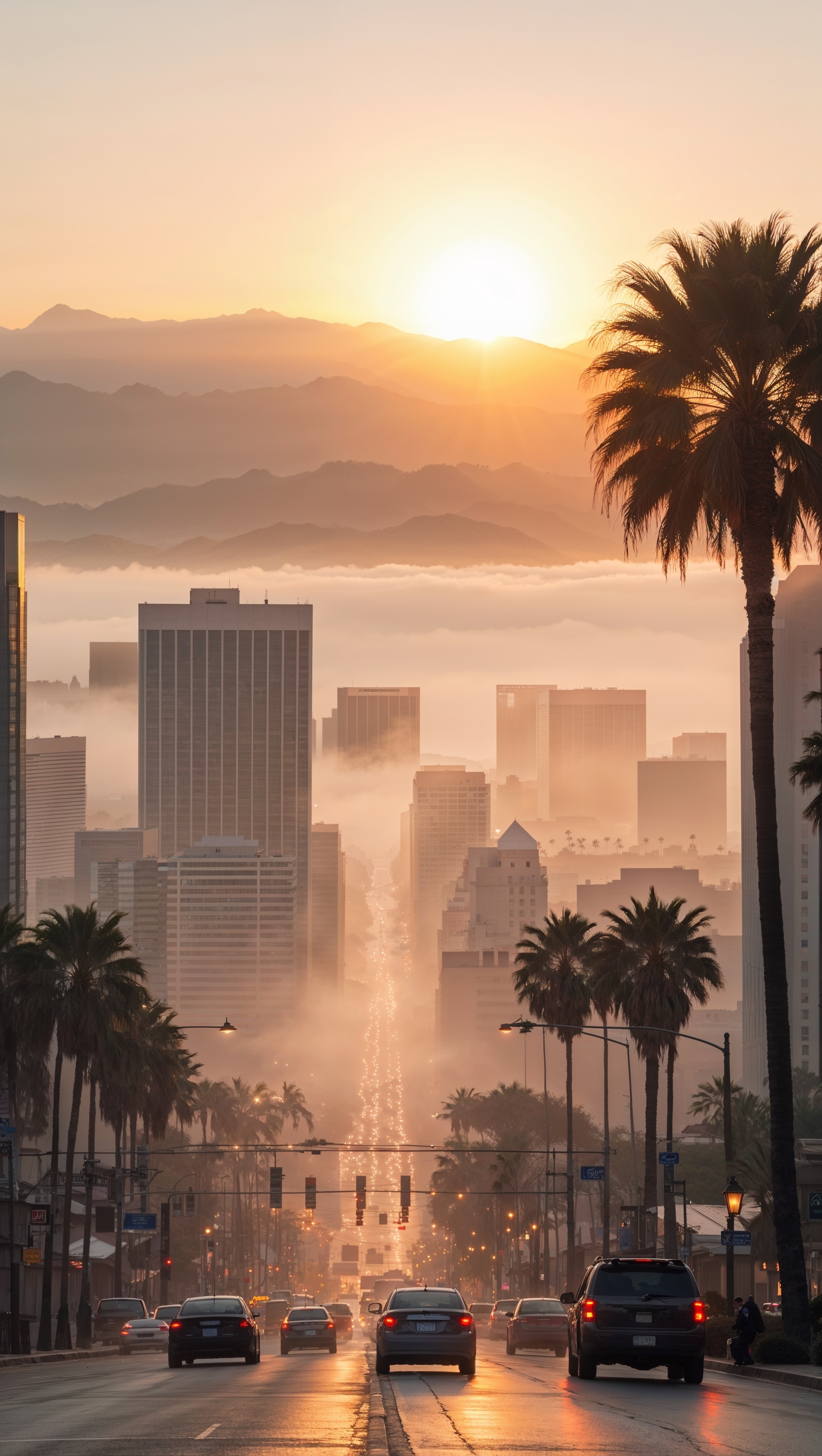 Los Angeles at sunrise with light fog