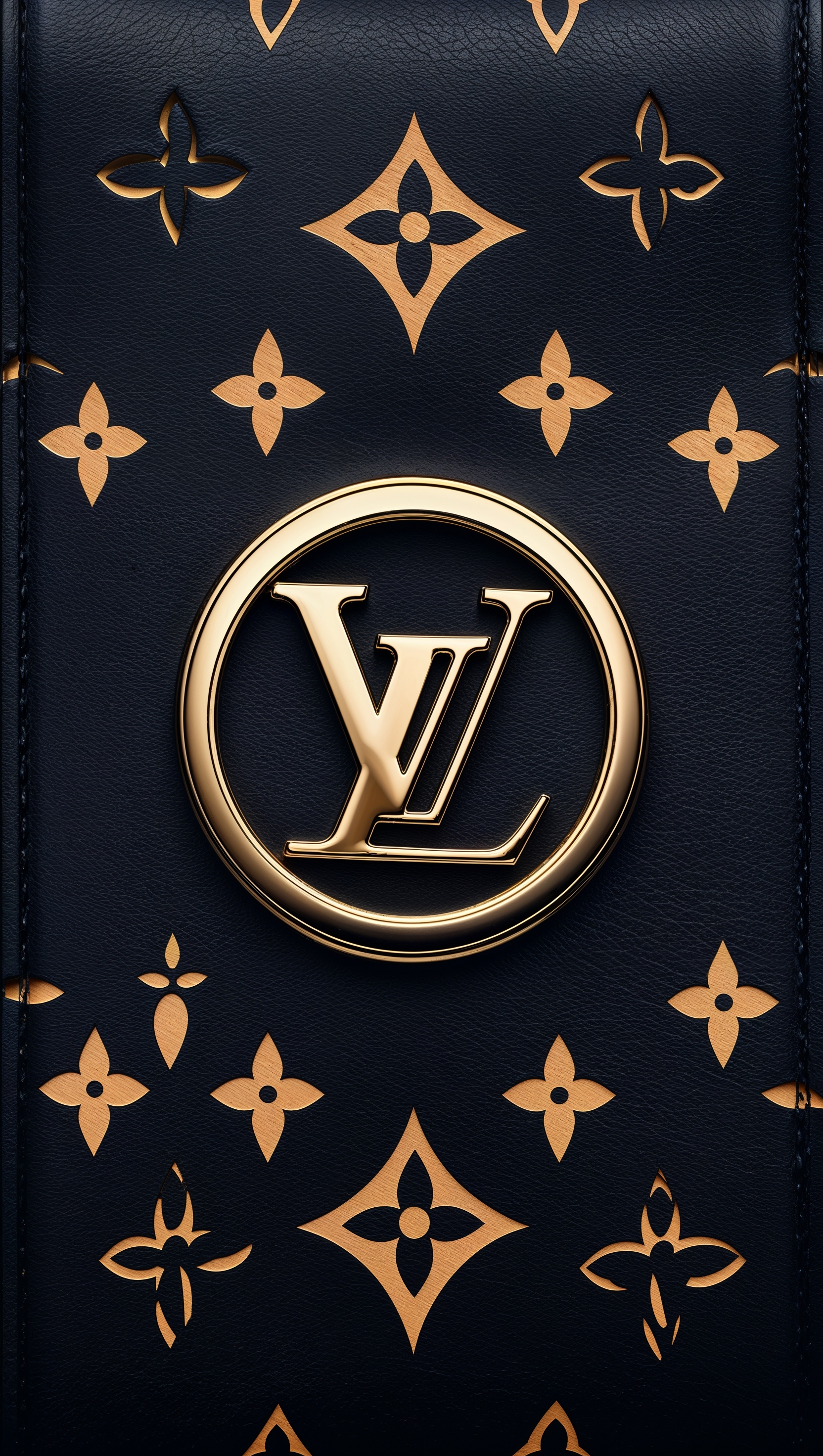 Background with black leather texture and embossed LV logo