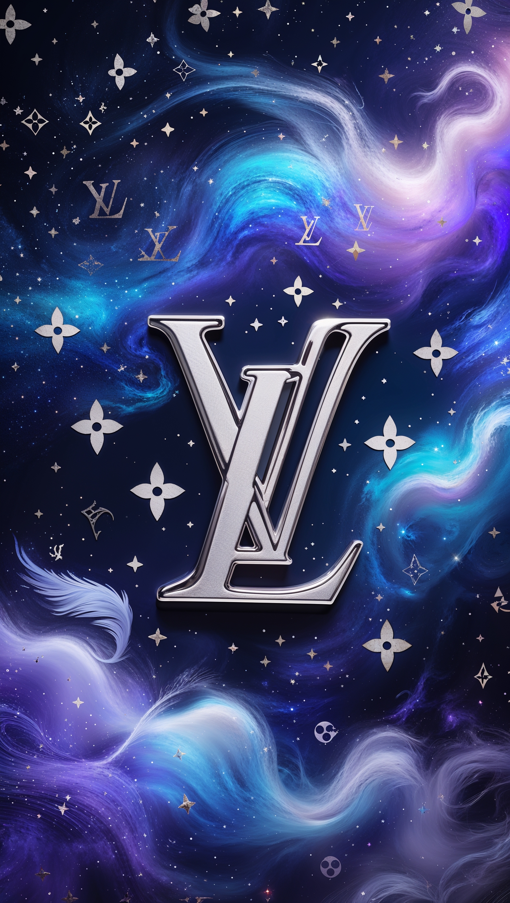 Galaxy-themed iPhone background with LV logo
