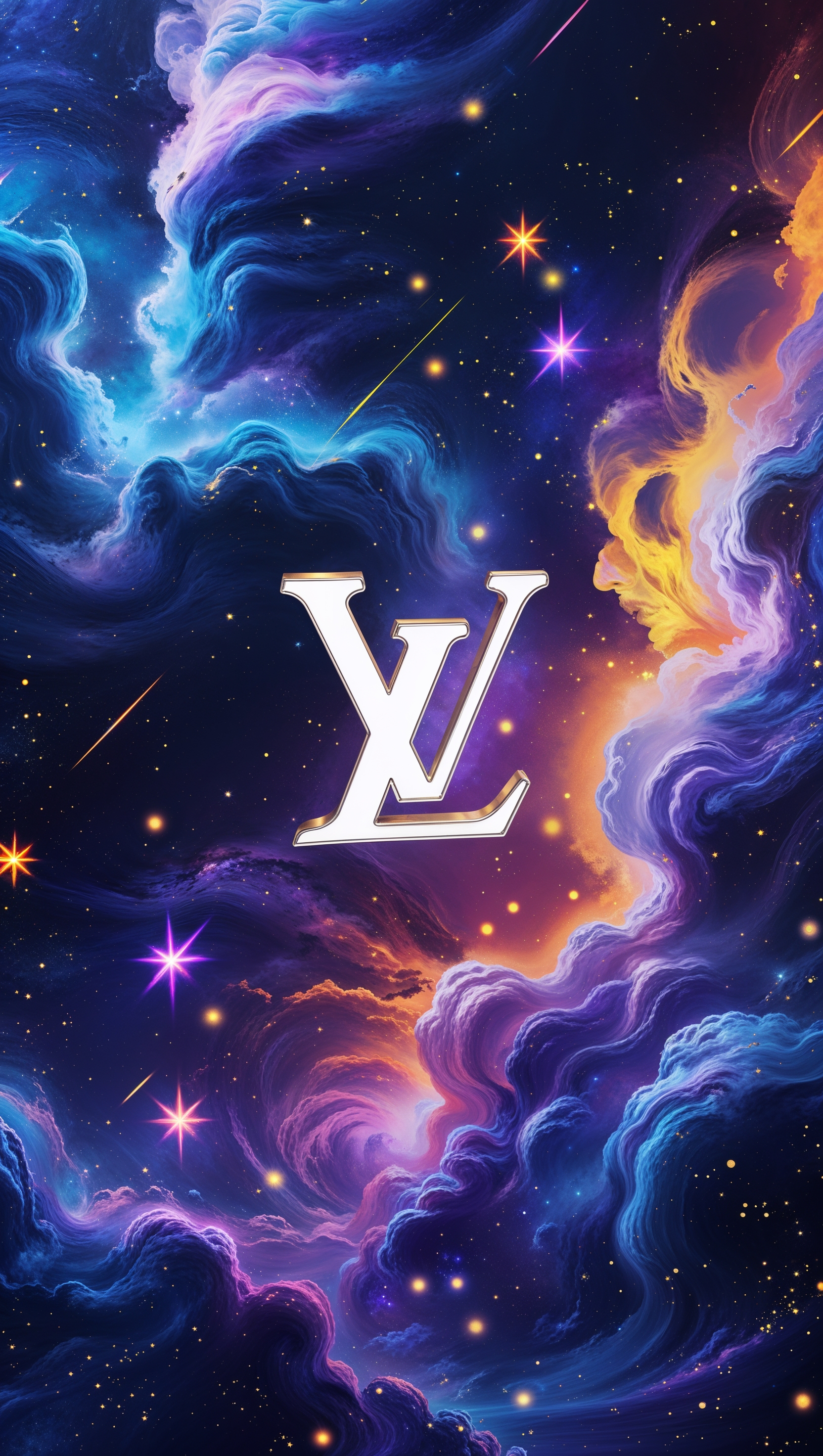 LV logo in a golden frame with lighting effects