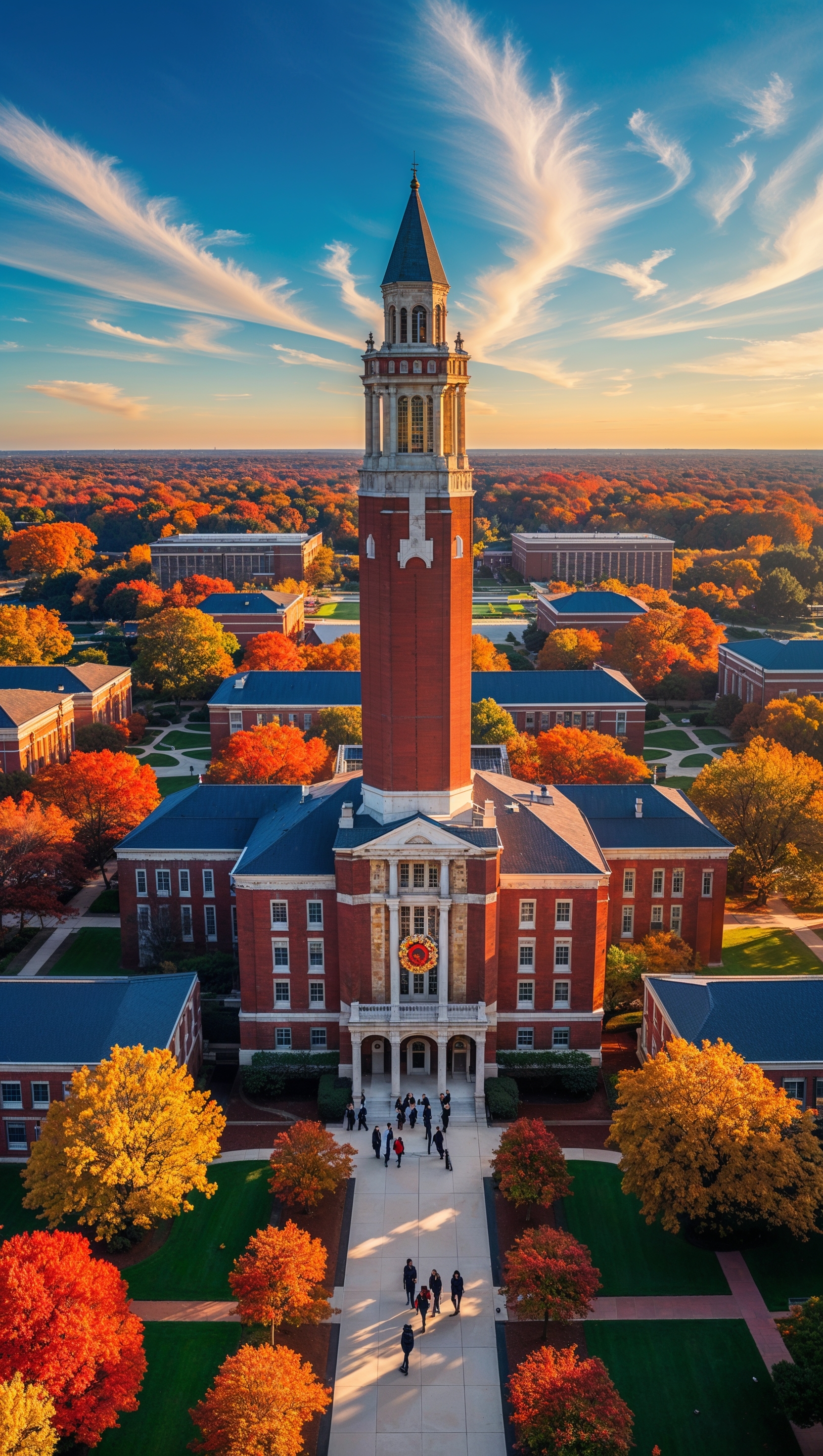 LSU campus aerial view in autumn, colorful foliage, vertical iPhone layout