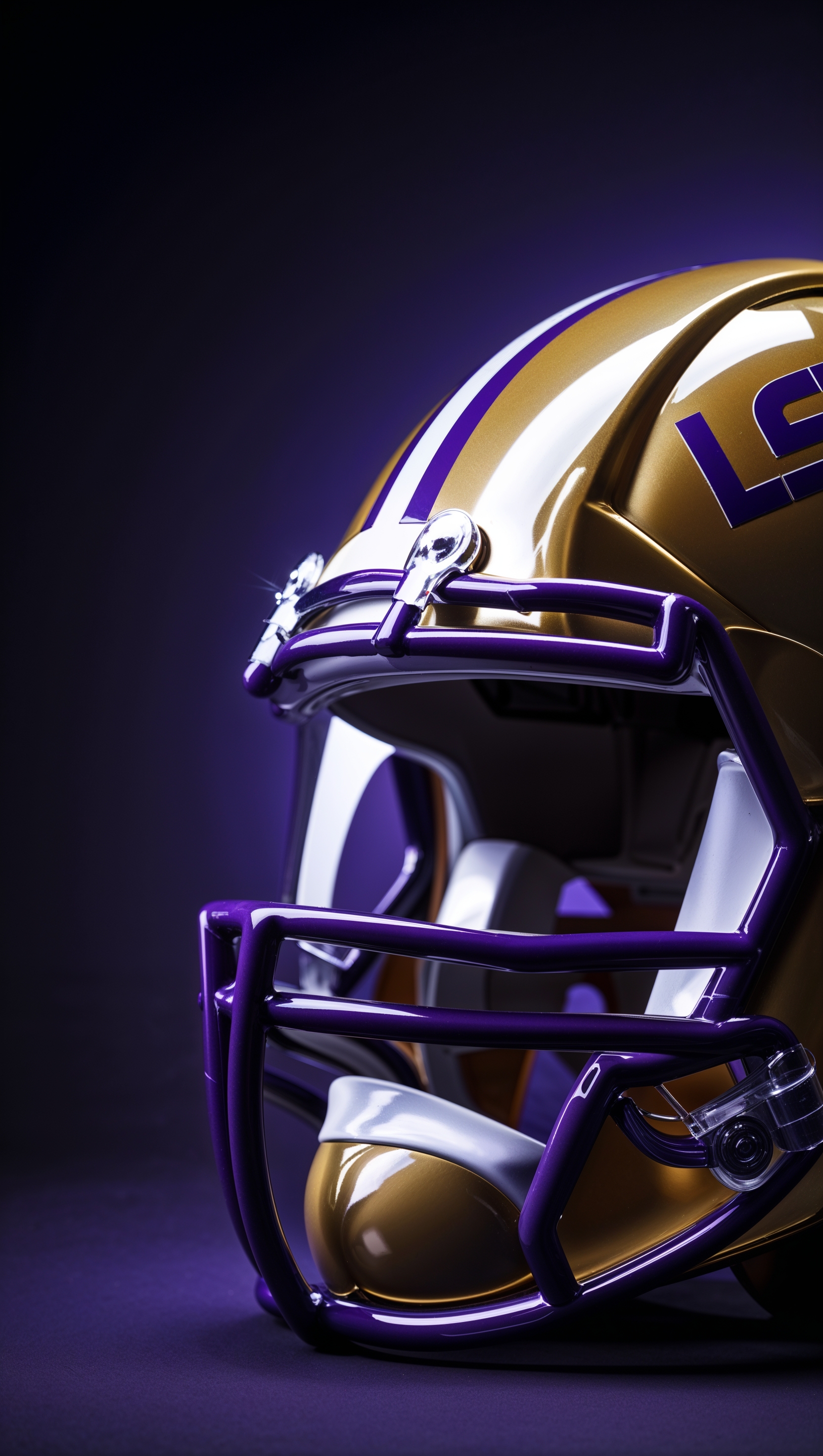 LSU football helmet close-up, high contrast with dark background
