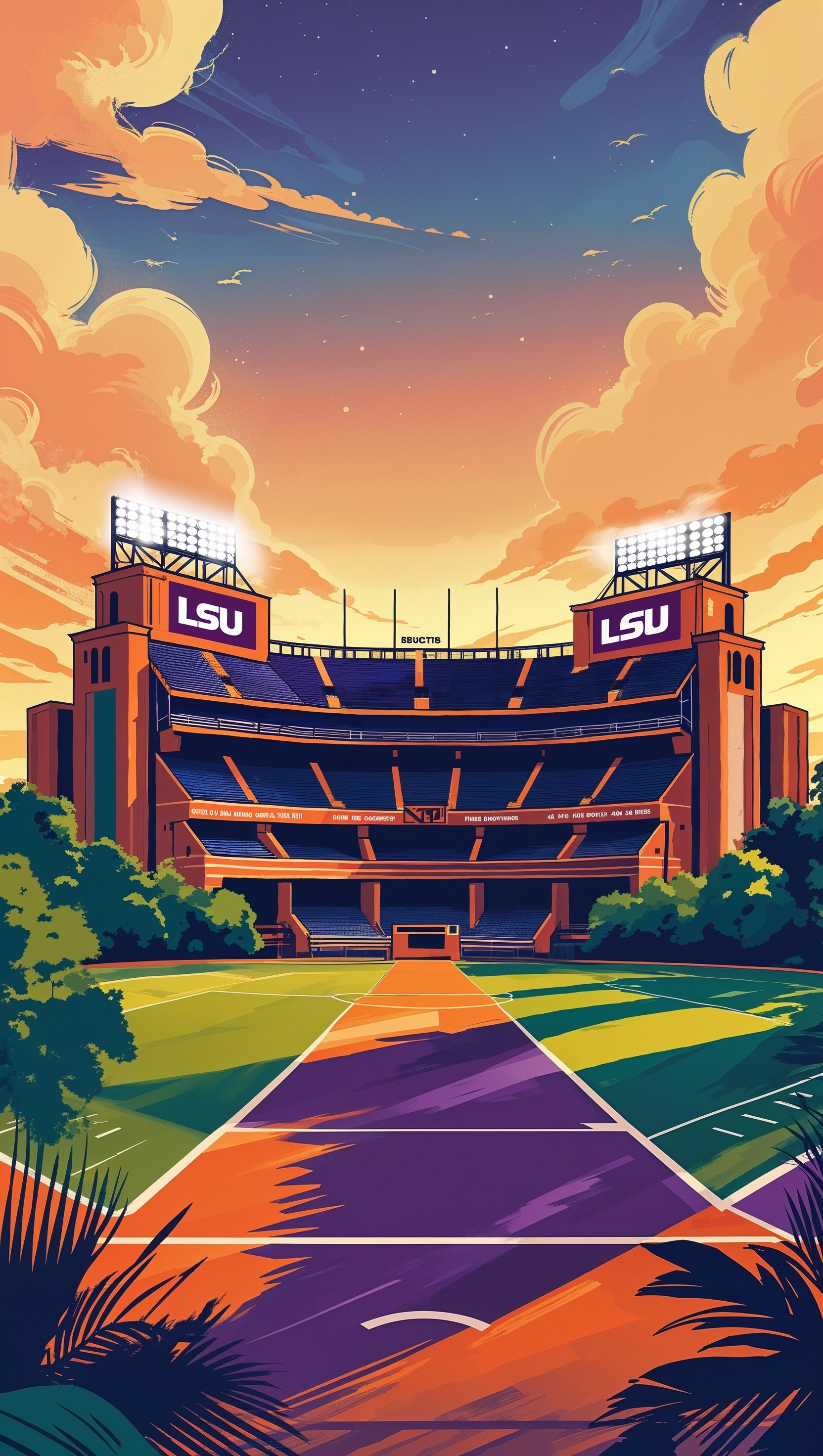 A stylized LSU stadium at sunset, dreamy golden hour tones, iPhone wallpaper size