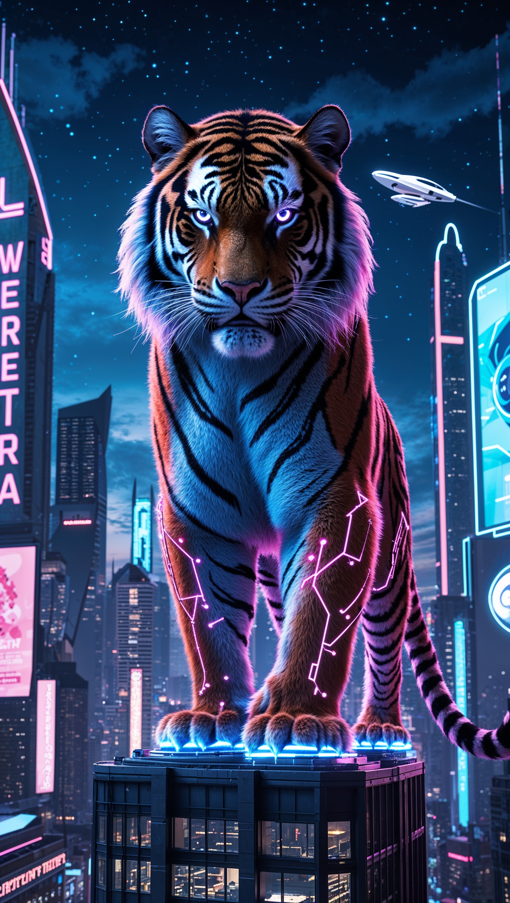 A cyberpunk LSU tiger in a neon-lit city, futuristic iPhone wallpaper