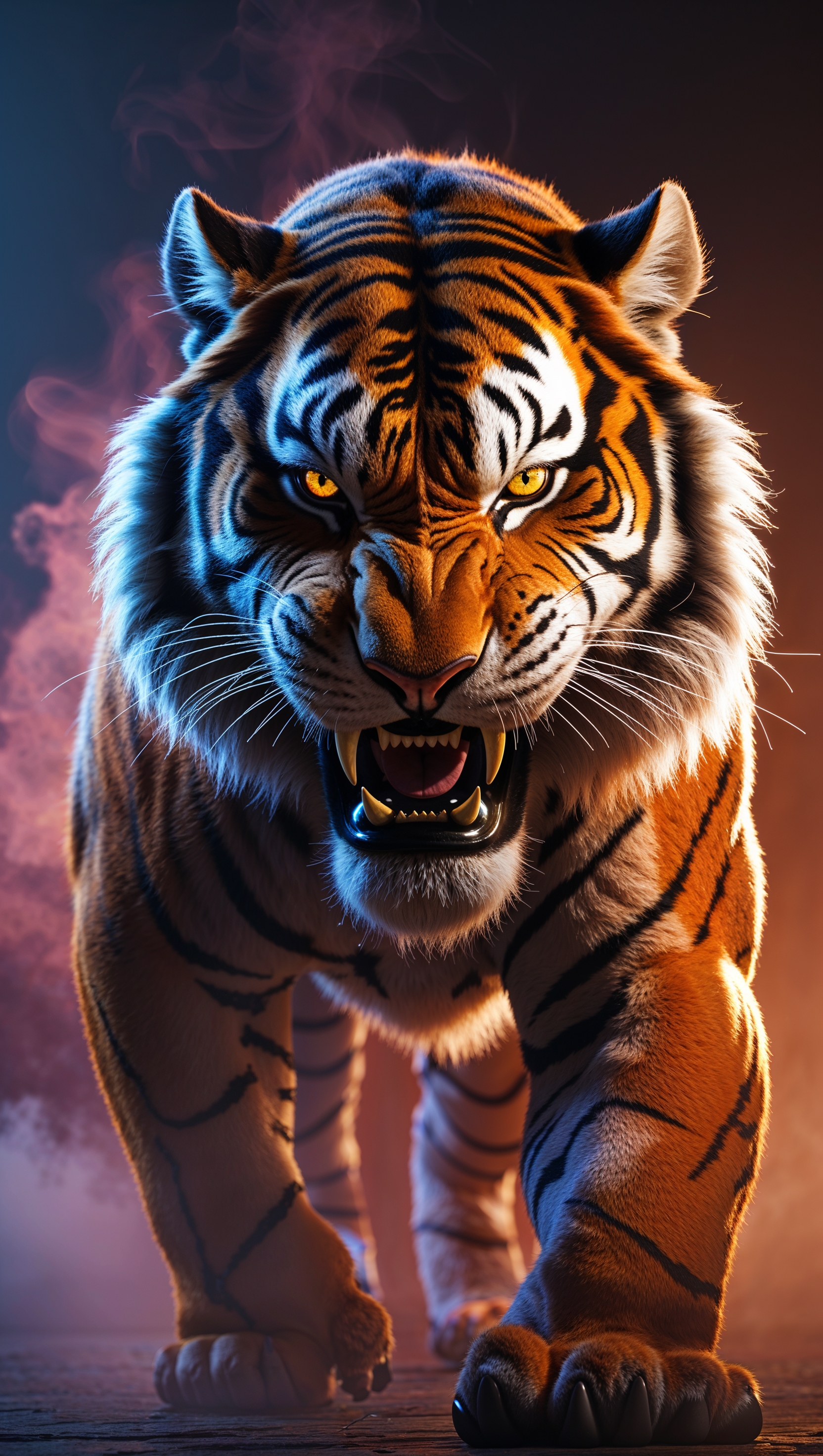 LSU mascot Mike the Tiger roaring, dramatic lighting, iPhone background