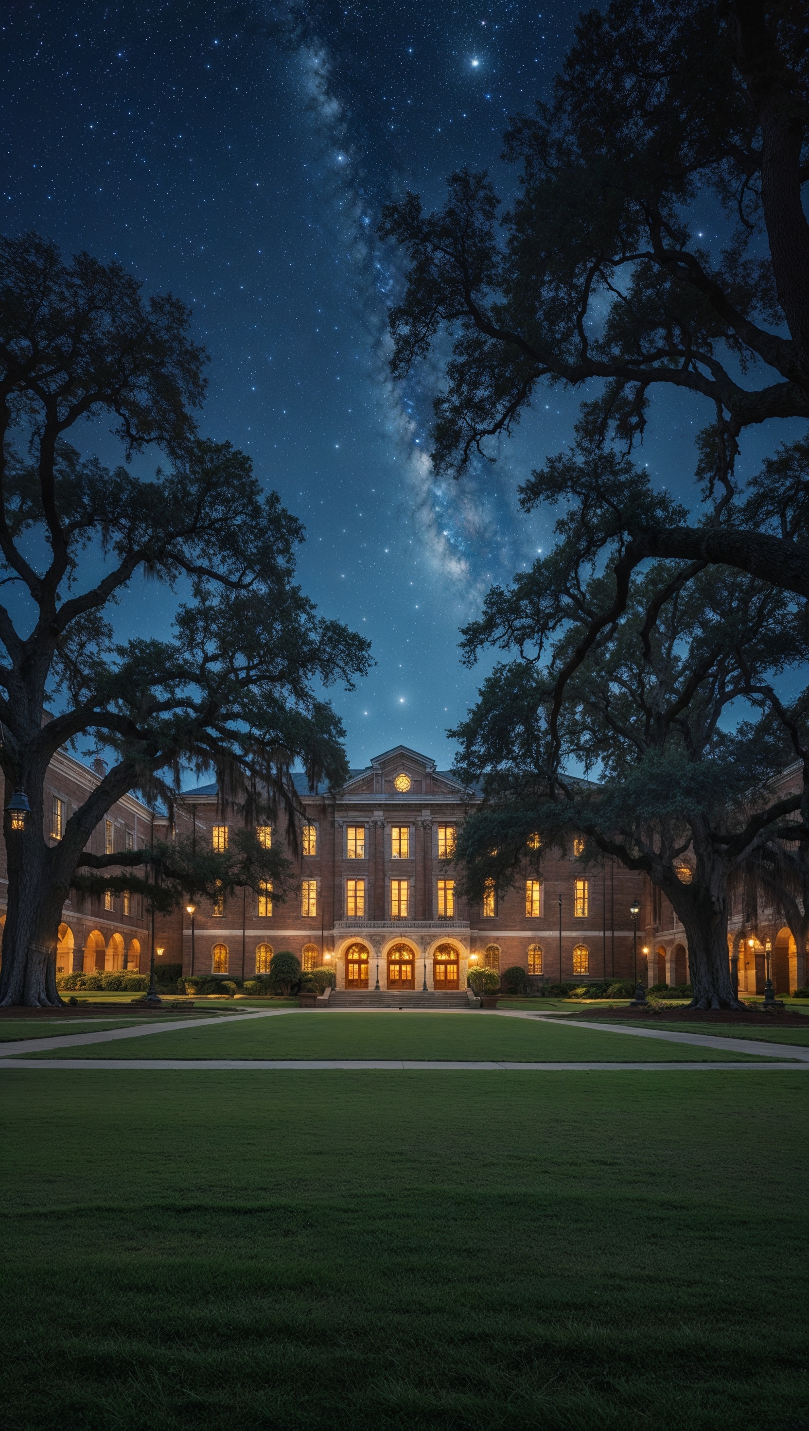 Night view of LSU campus with glowing windows and stars