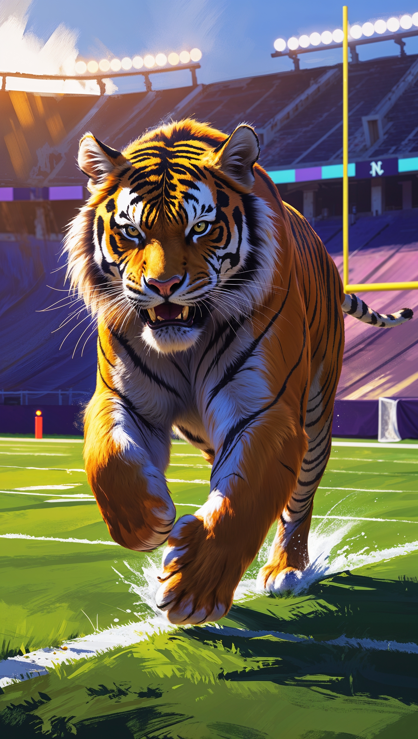 Digital painting of LSU tiger running across a football field