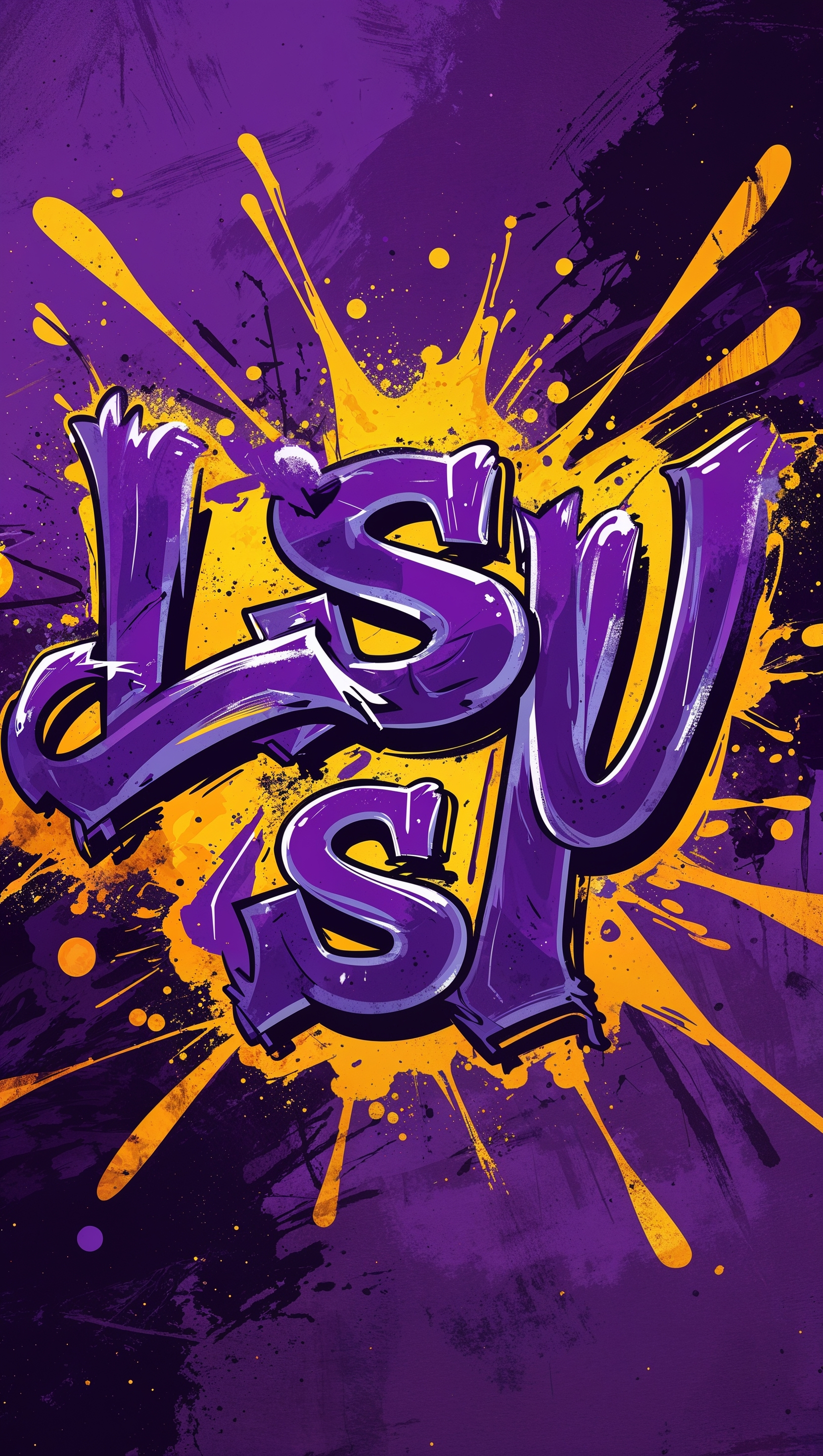 LSU lettering in graffiti style with bright purple and gold splashes