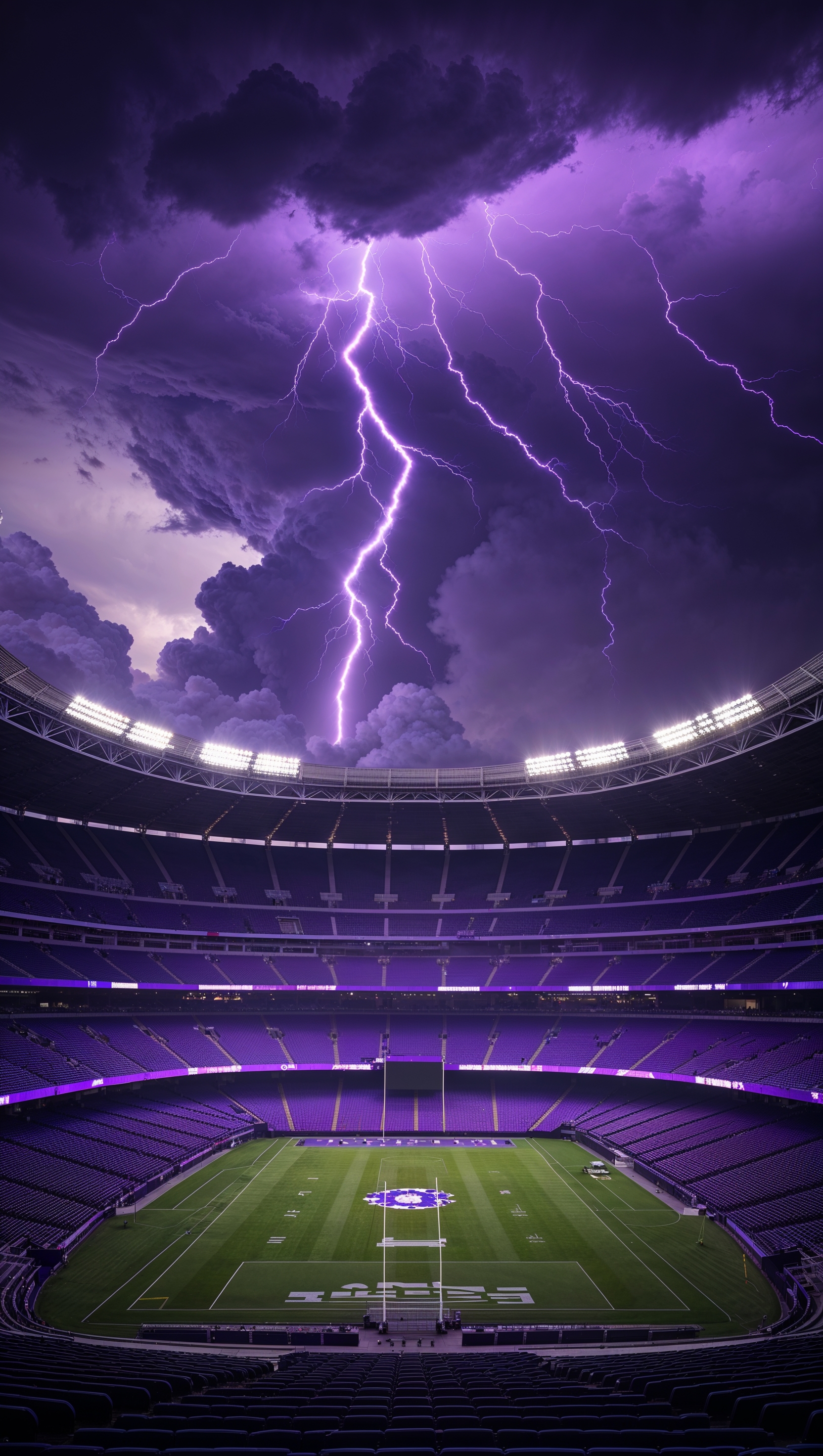 Purple thunderstorm over Tiger Stadium, epic mood, vertical phone format