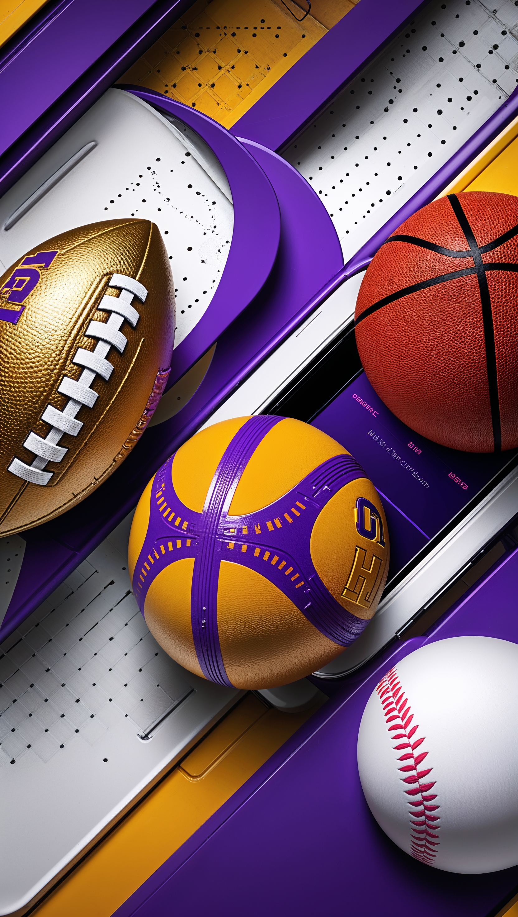 Collage of LSU sports (football, basketball, baseball), modern iPhone design