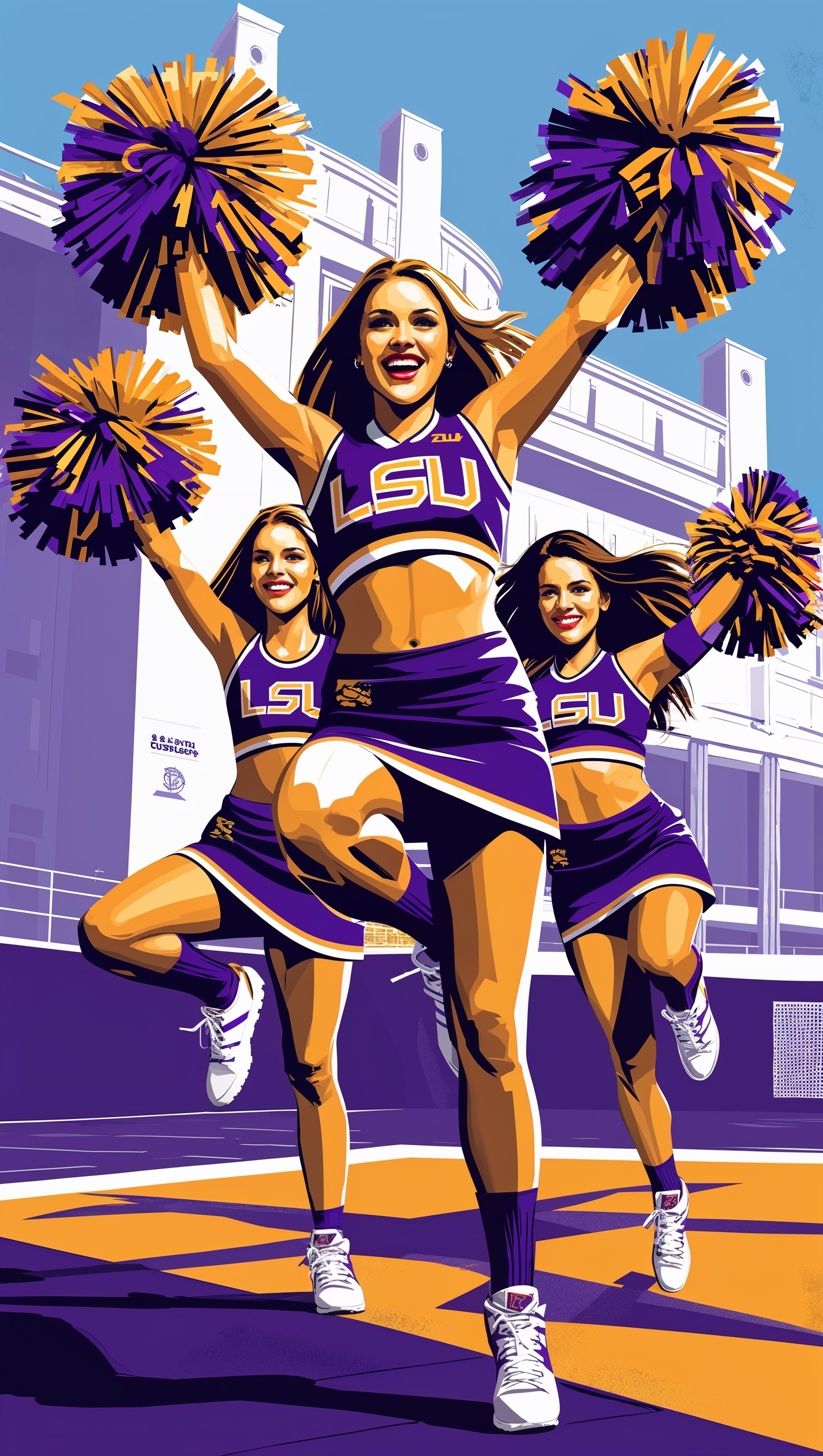 LSU cheerleaders in a dynamic action pose, stylized