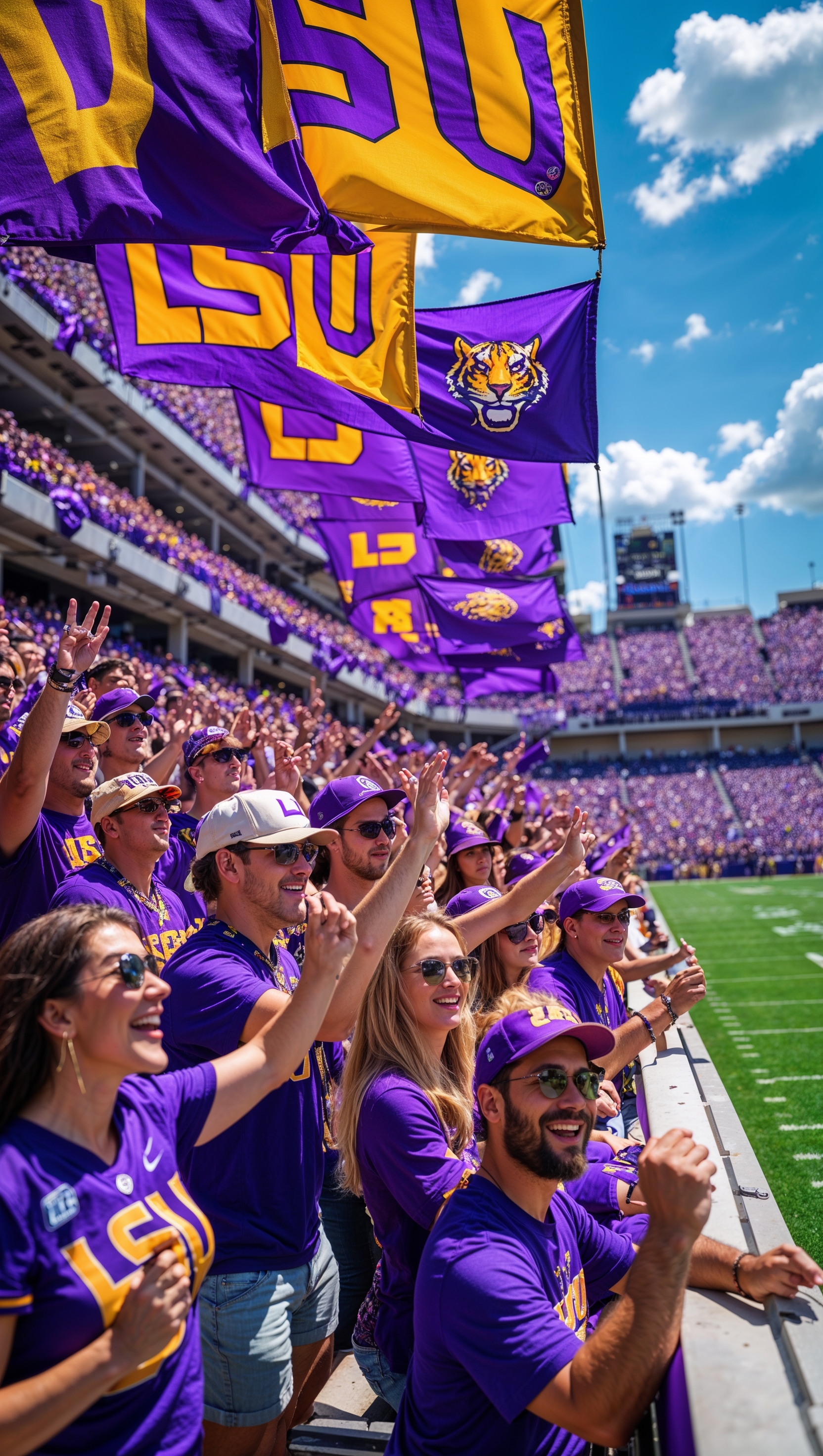 LSU fans in stadium holding up purple and gold banners, vertical wallpaper