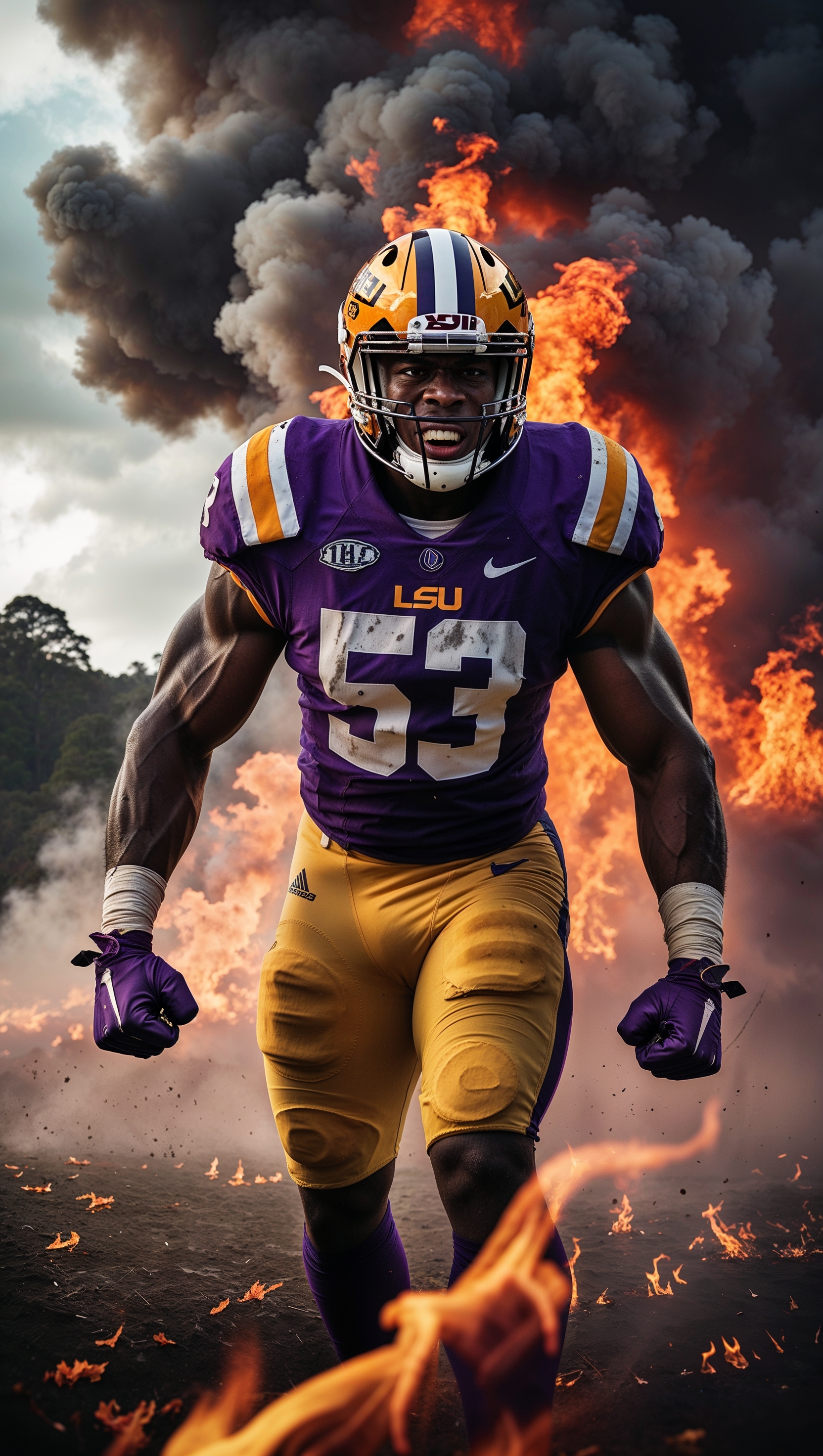 Fire and smoke behind LSU football player, intense energy look