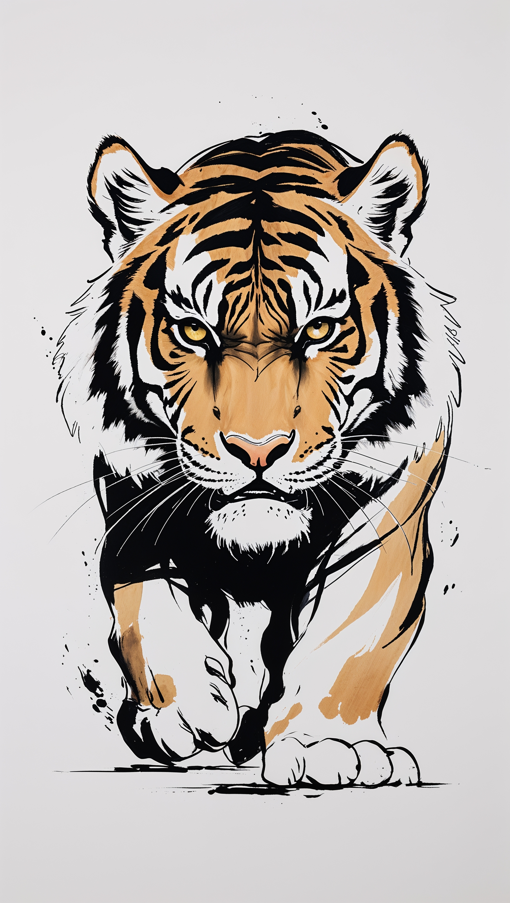 LSU tiger drawn in Japanese ink style, minimalist yet fierce