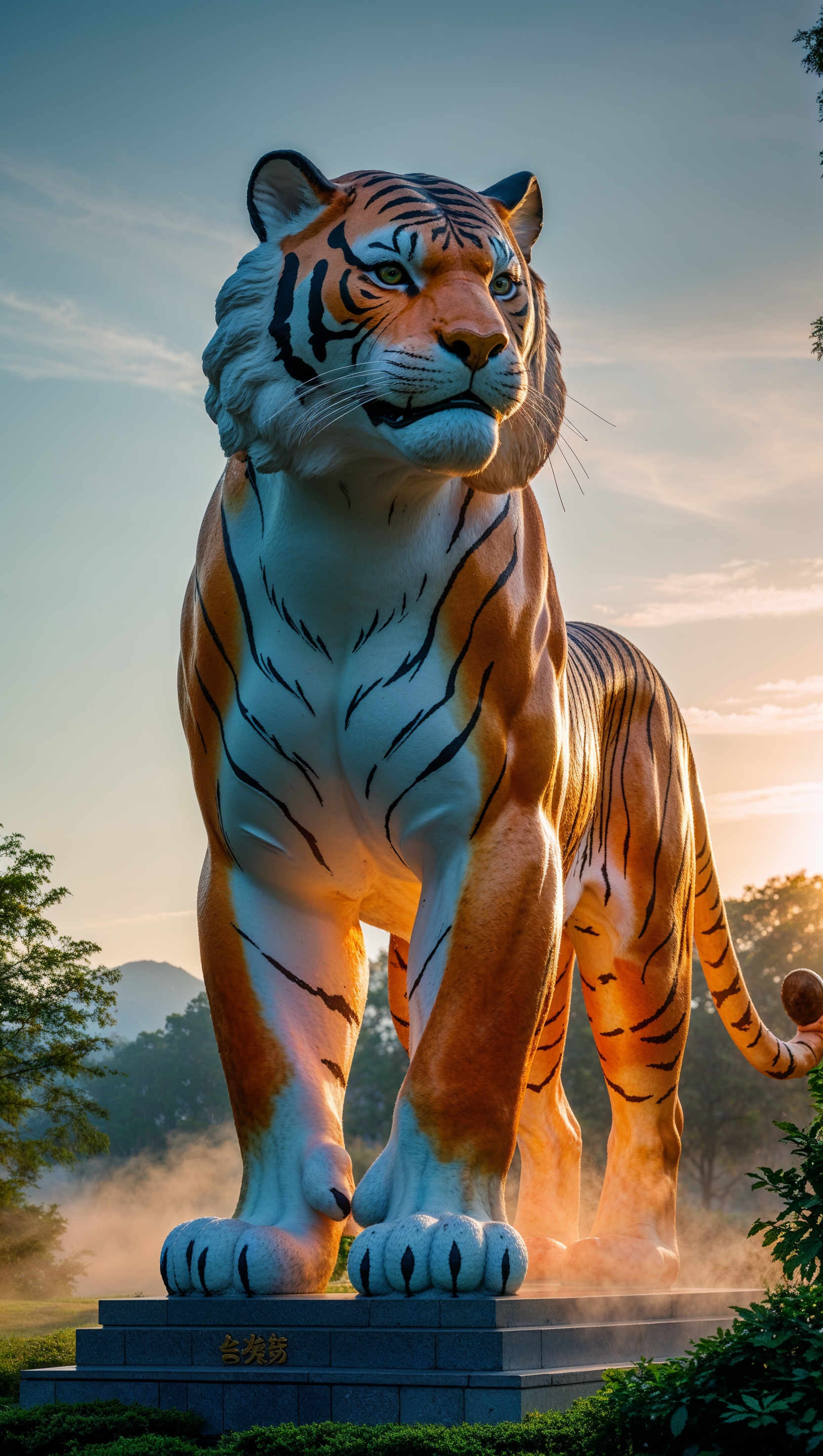 LSU tiger statue at sunrise, glowing with morning light