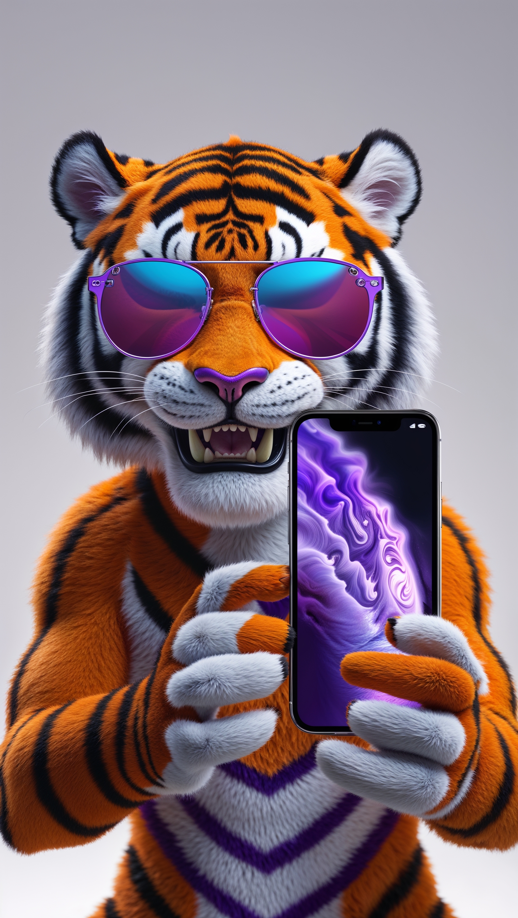 Cute cartoon LSU tiger wearing purple sunglasses, iPhone lockscreen