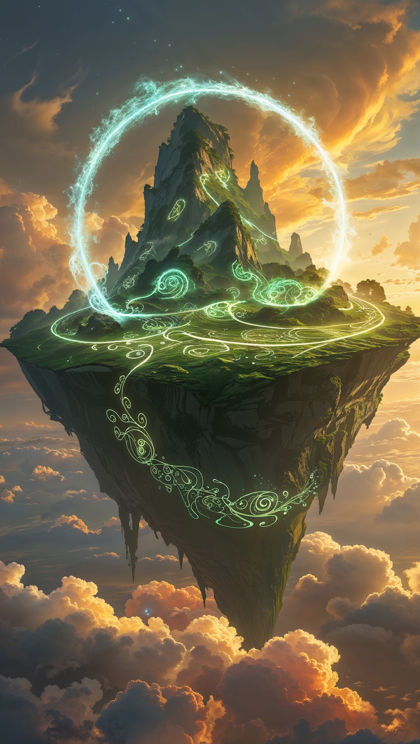 Floating island in the sky with glowing runes, high detail, MTG fantasy art