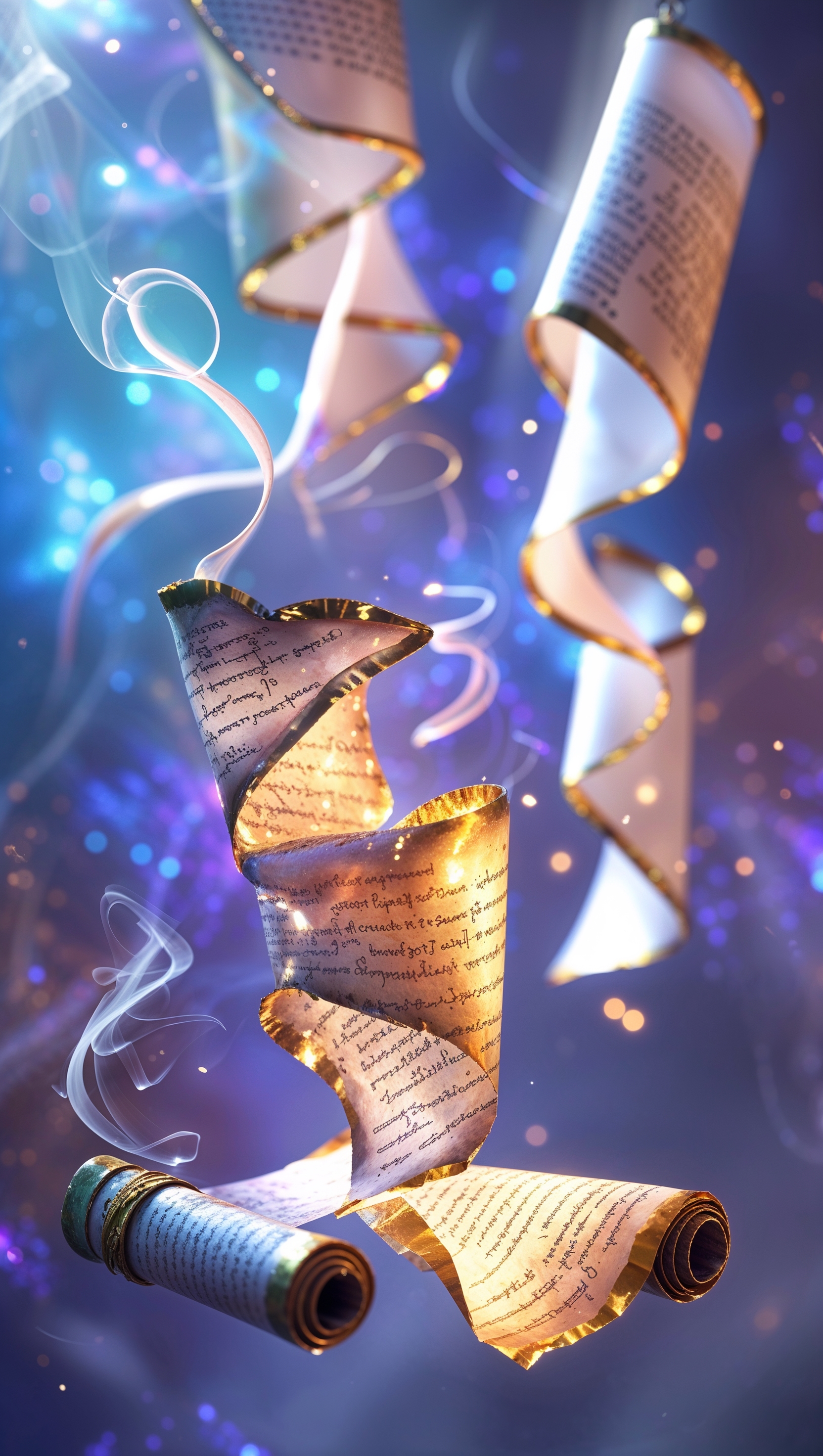 Magic scrolls floating in the air, arcane knowledge, vibrant colors