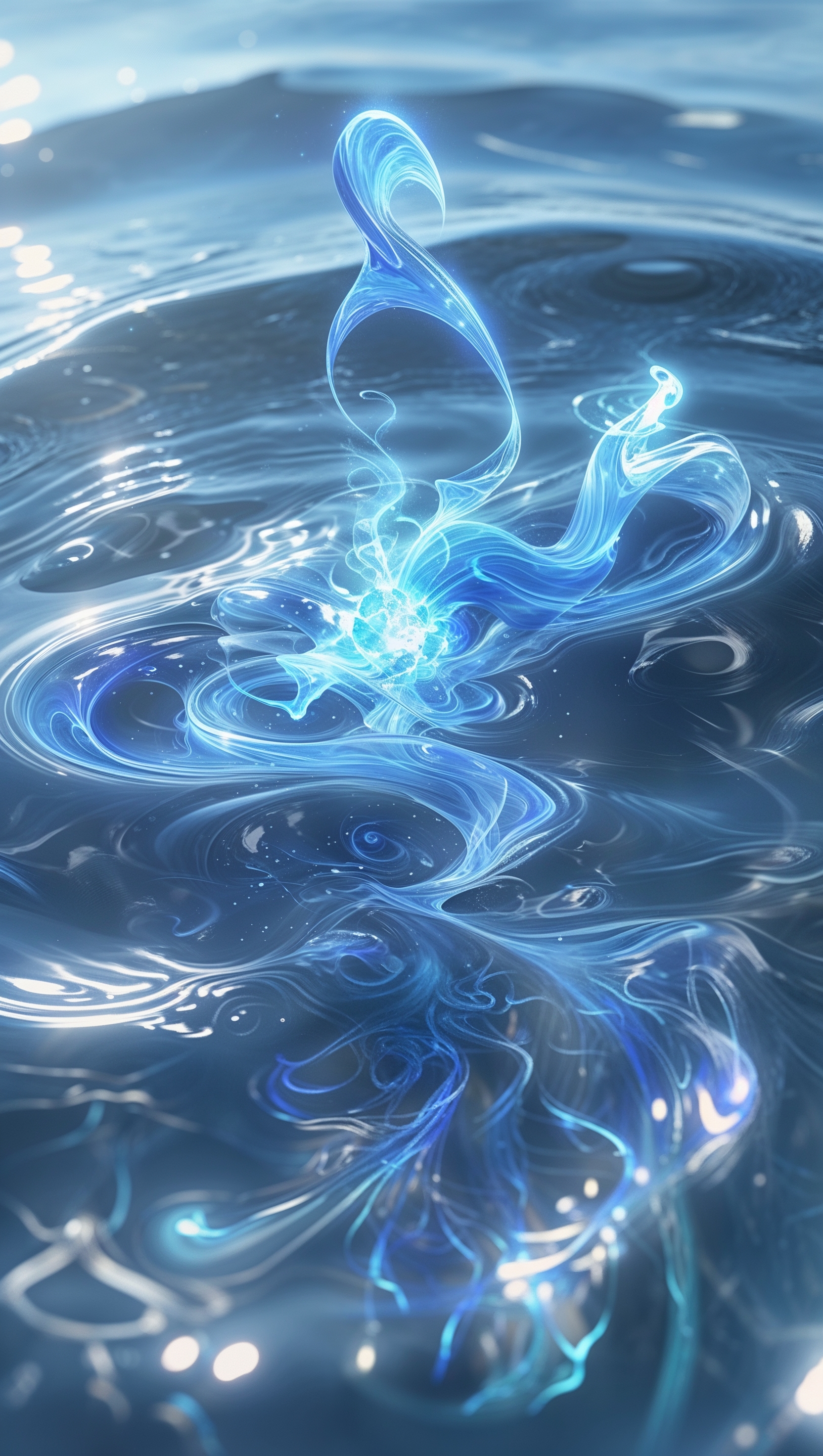 Blue mana spirit flowing through water, abstract magical energy