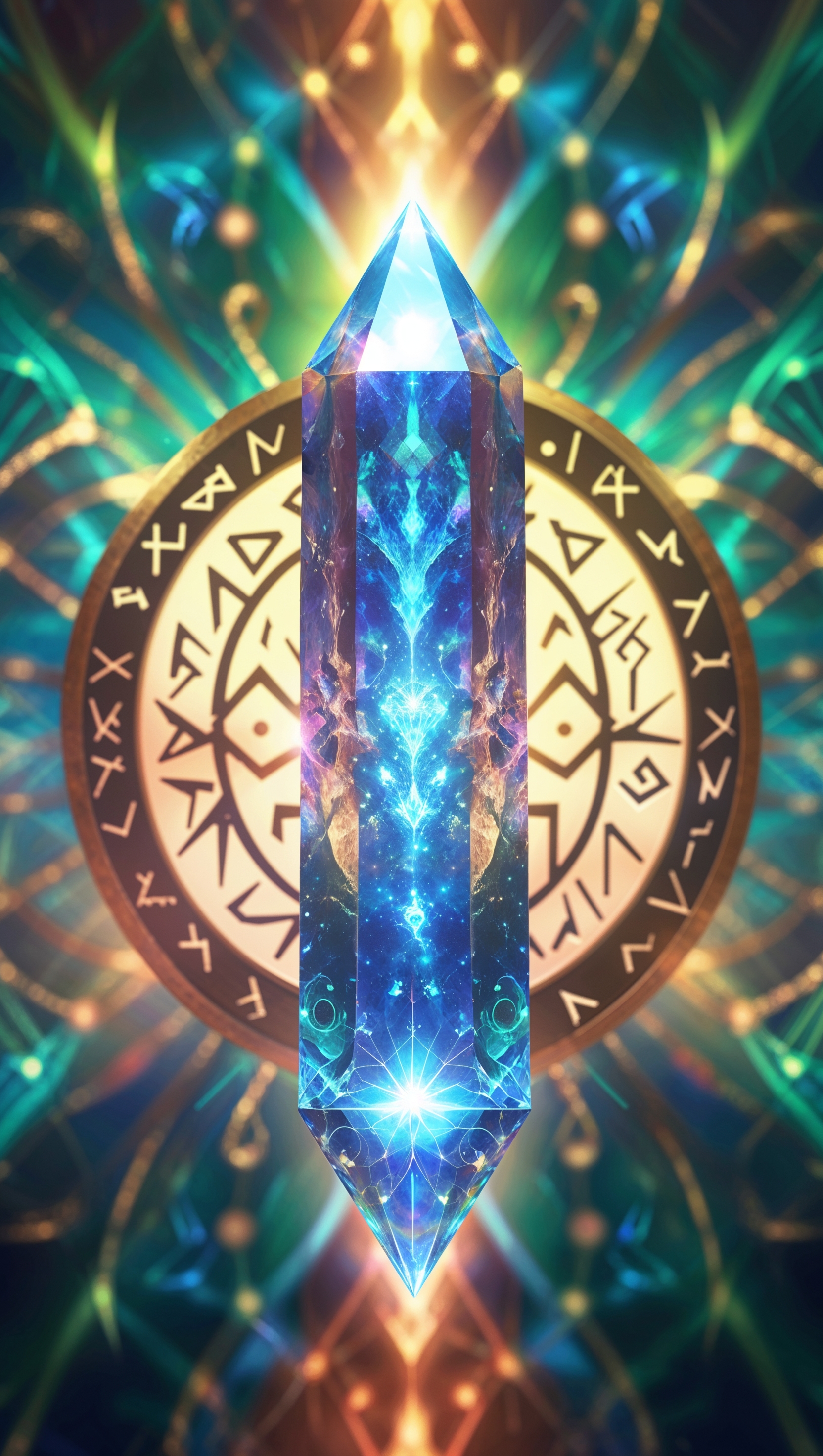 A glowing mana crystal surrounded by arcane runes, vibrant colors, iPhone wallpaper