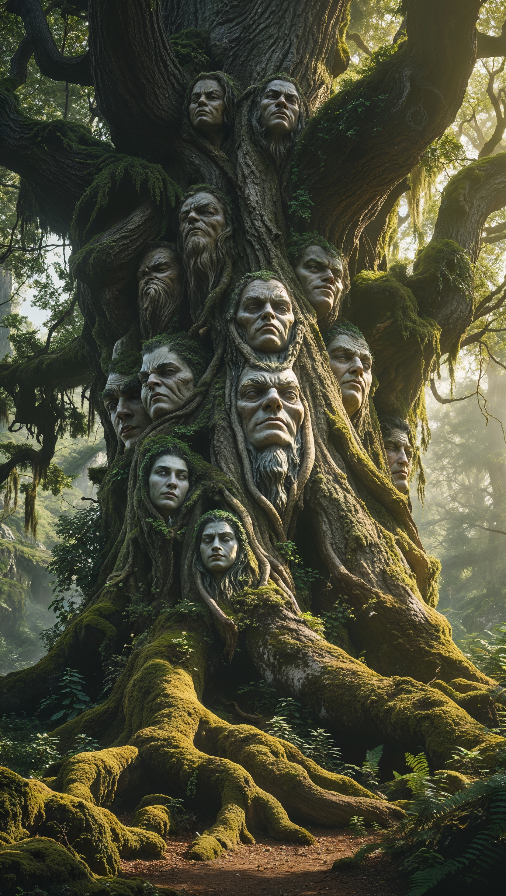 Ancient tree with faces in the bark, enchanted forest, Magic the Gathering theme