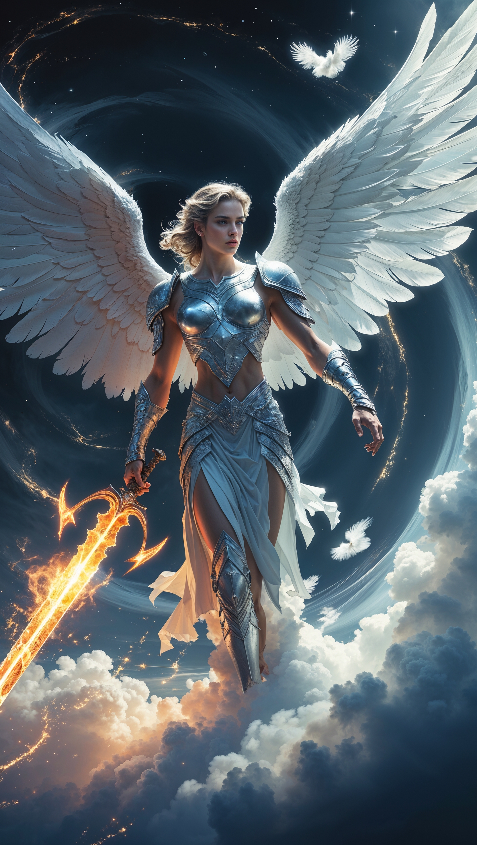 Angel descending from heaven with a blazing sword, high fantasy iPhone wallpaper