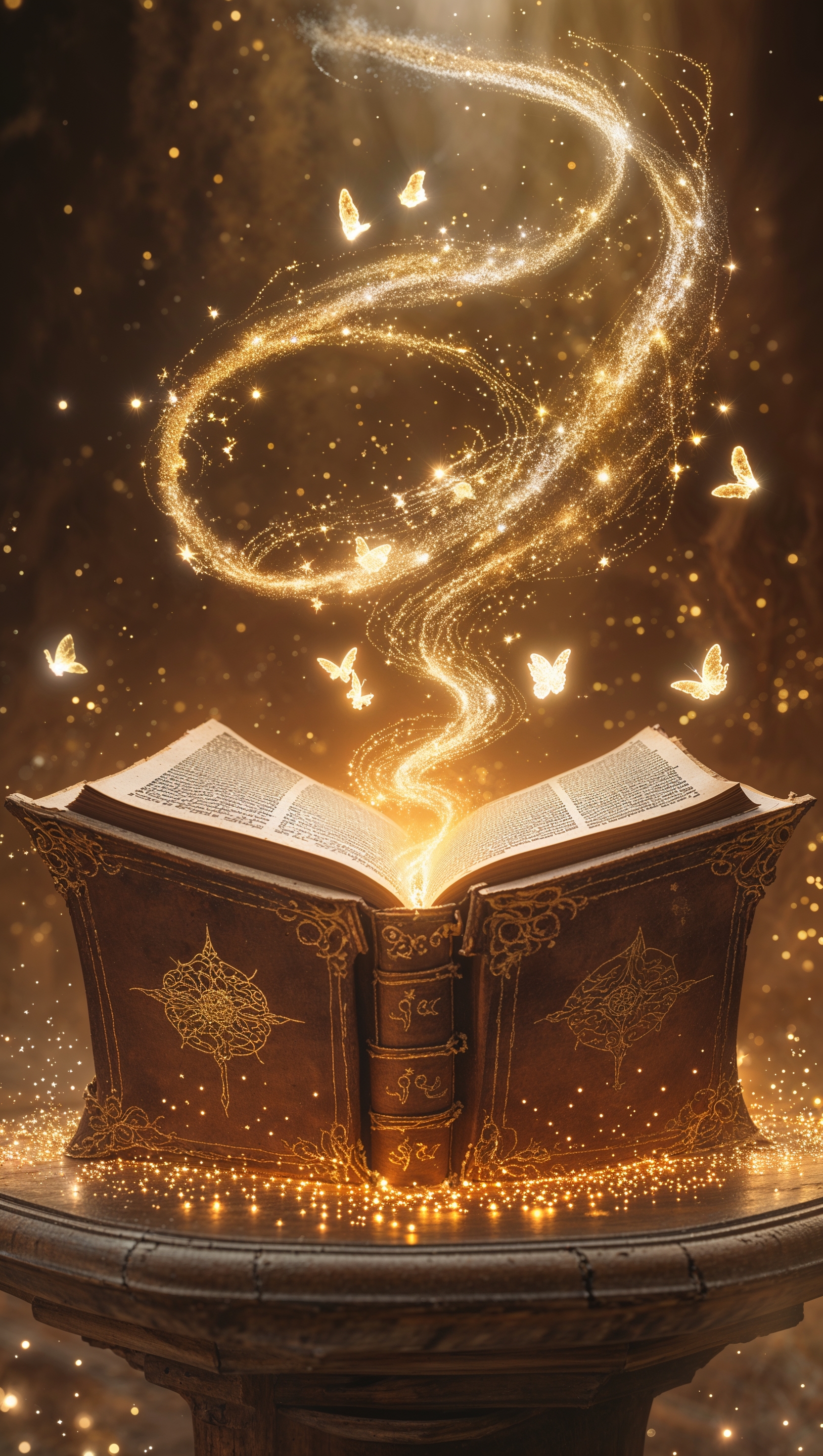 Magical book opening with light and glyphs flying out