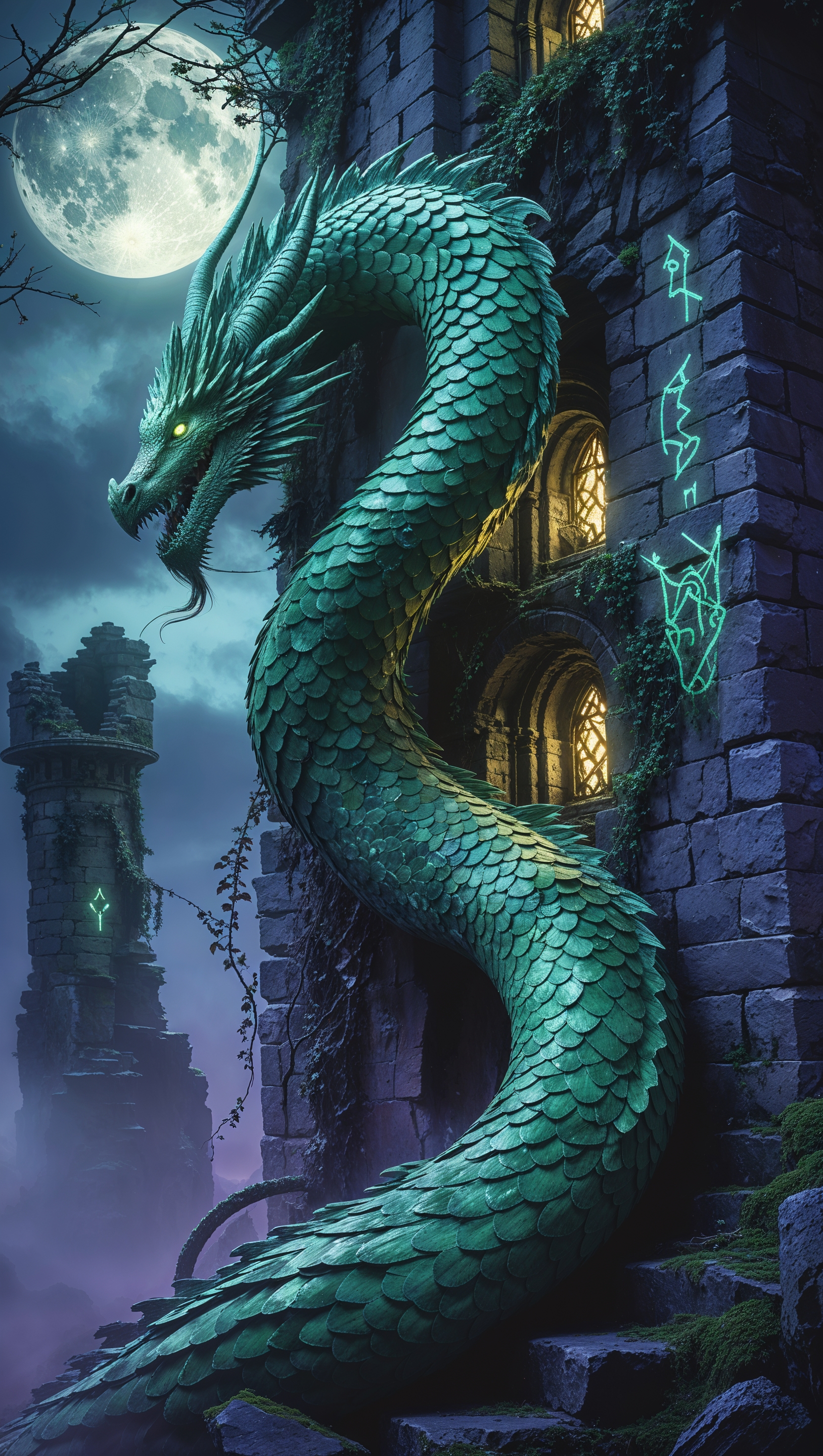 Ancient dragon coiled around a ruined tower, fantasy wallpaper