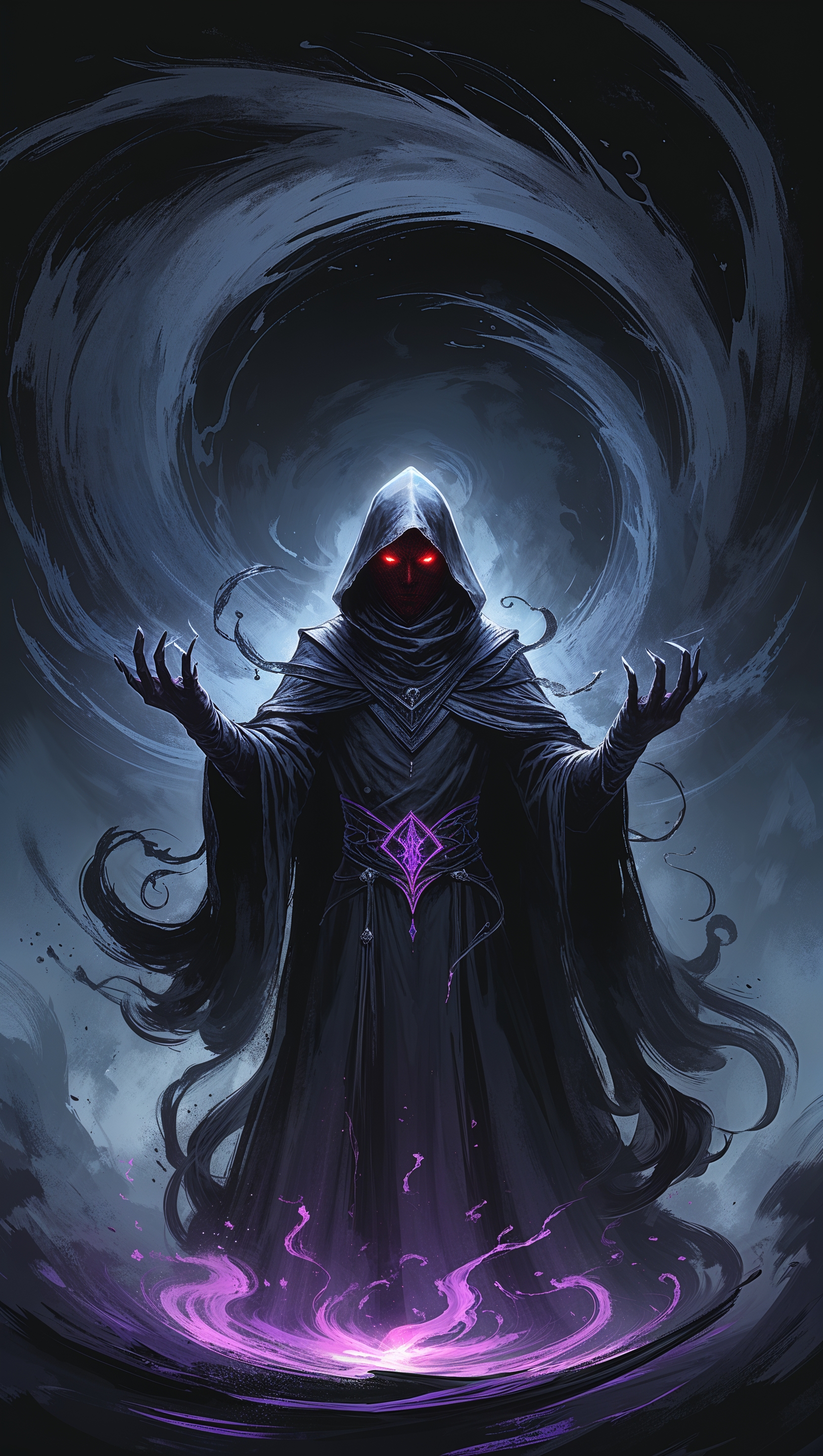 Shadowy figure with a hood summoning a black mist, MTG dark magic art