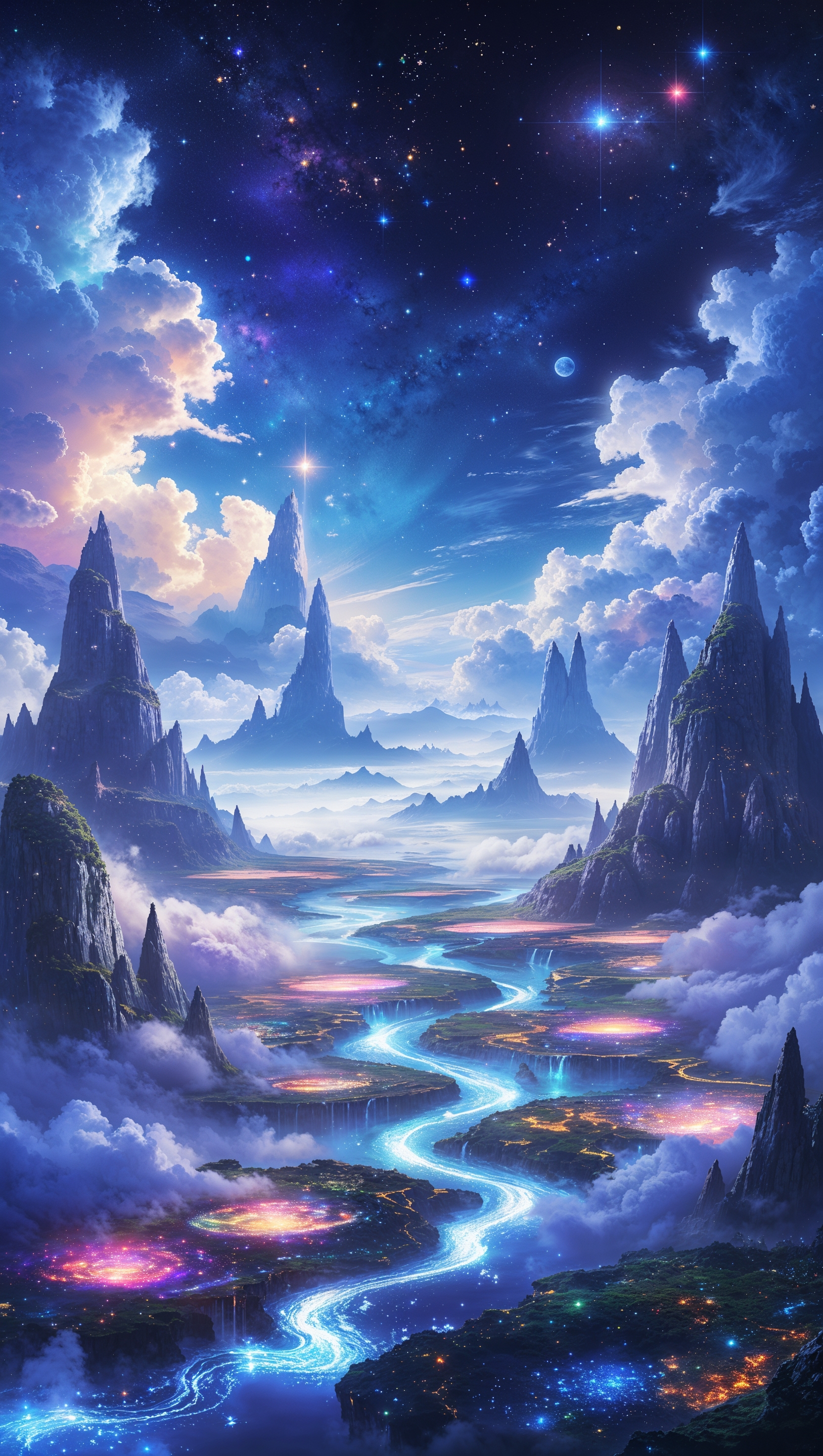Cosmic landscape with floating islands and starry skies, MTG-inspired