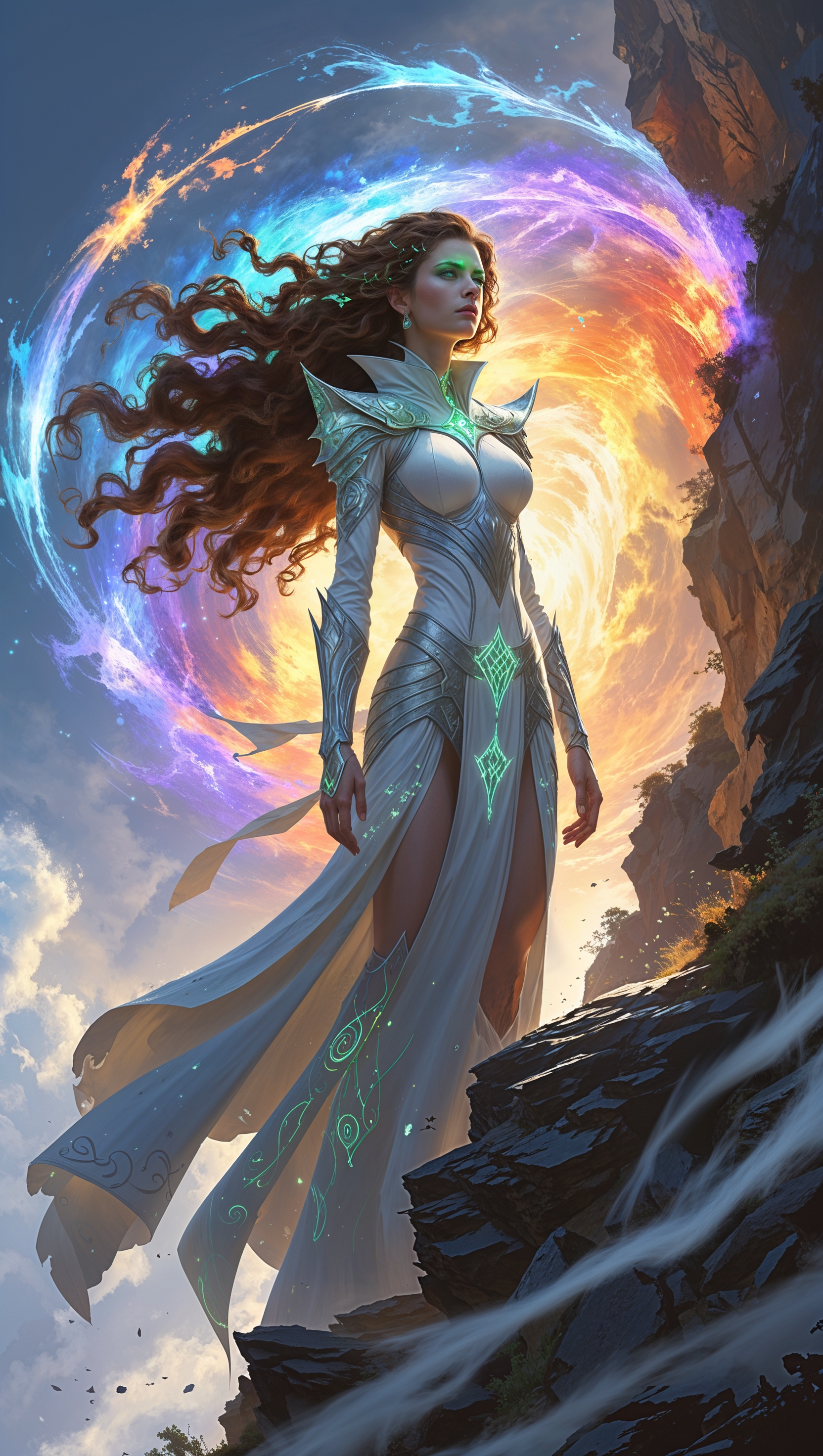 Female planeswalker standing on a cliff with swirling magic behind her
