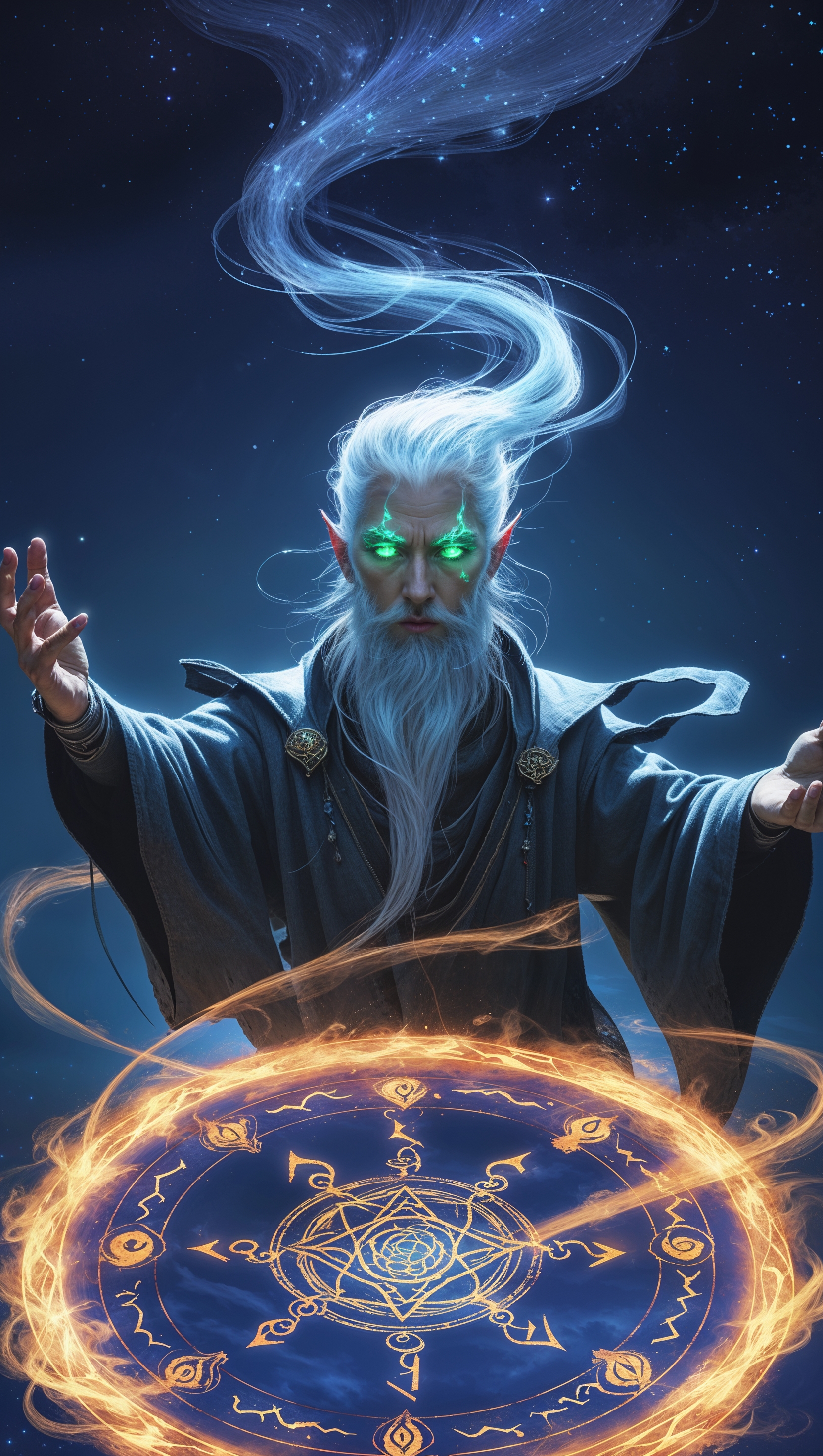 Mage levitating above a magical circle, glowing eyes and energy