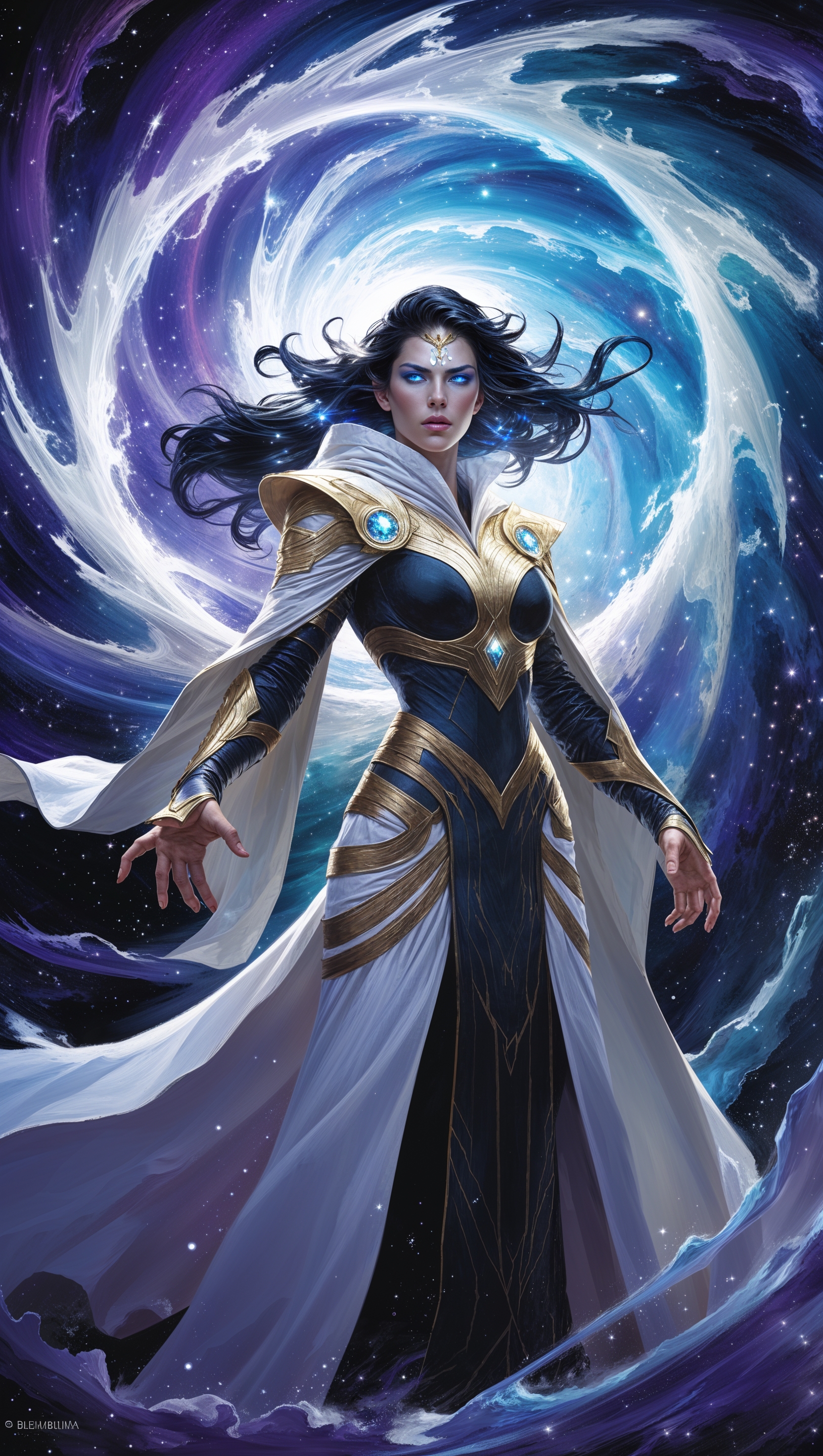 Magic the Gathering planeswalker with swirling cosmic energy background
