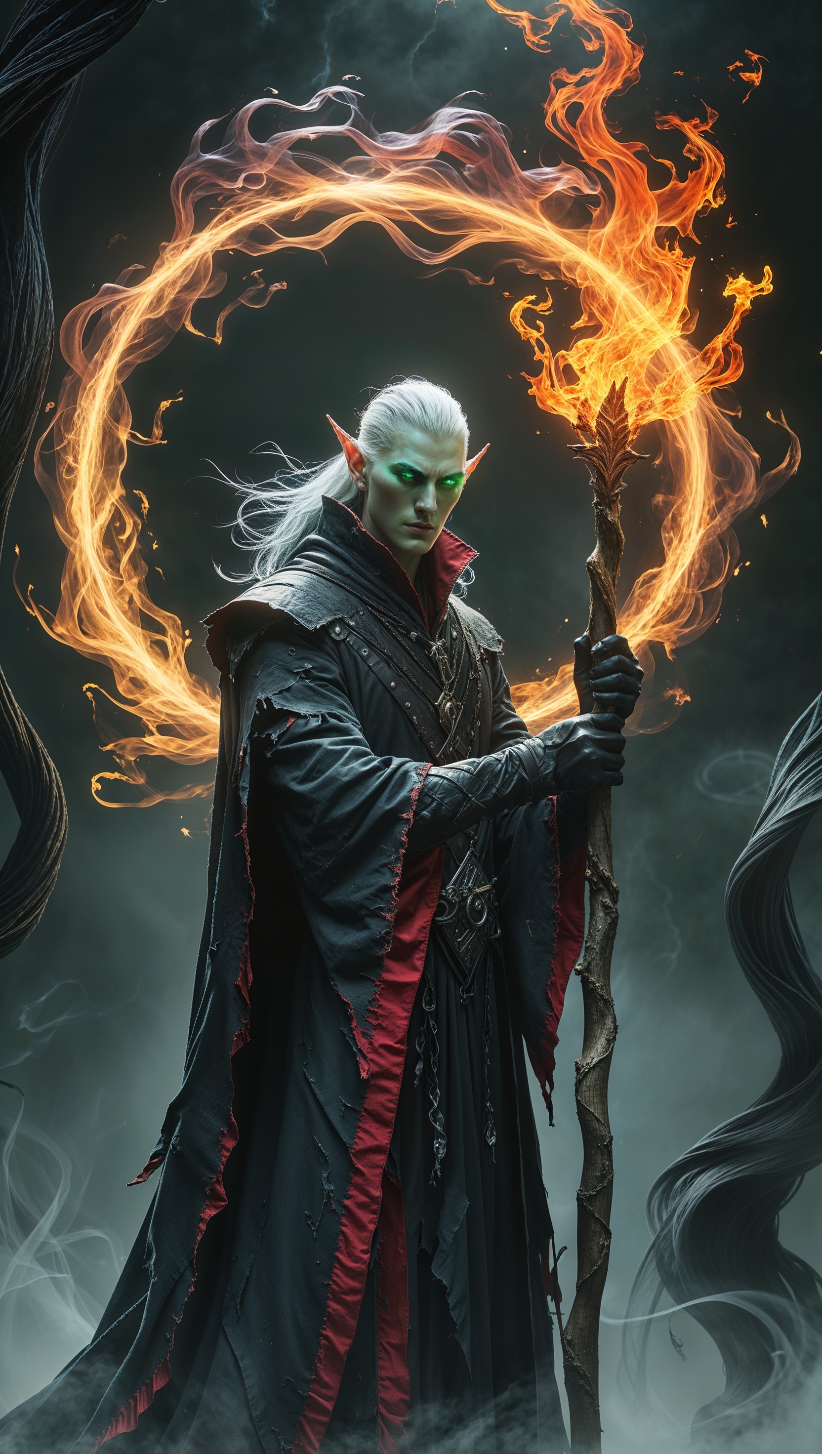 Warlock holding a fiery staff surrounded by spirits